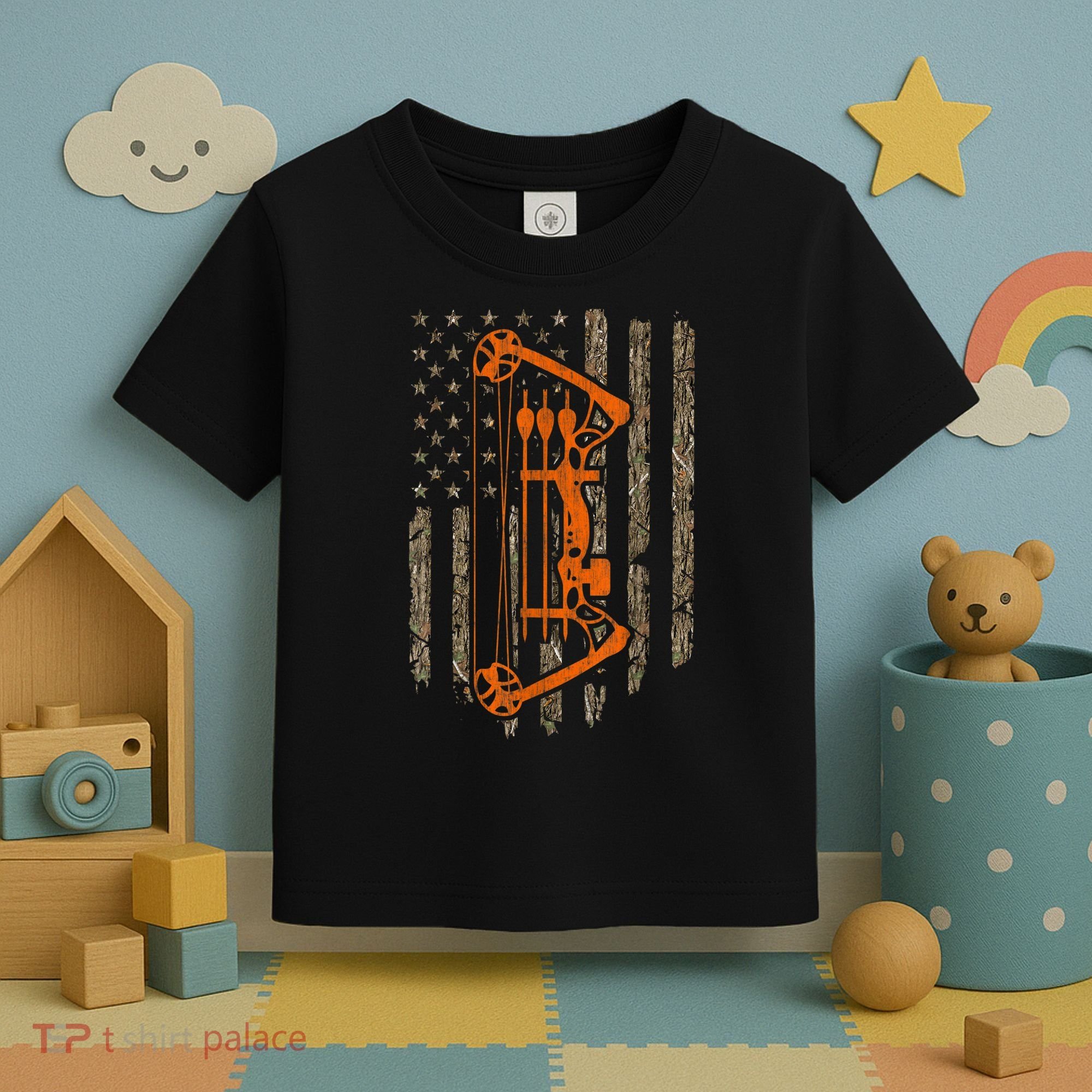 Bow Hunting American Flag Hunter Archery Tree Camouflage Toddler T-Shirt