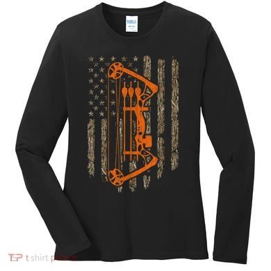 Bow Hunting American Flag Hunter Archery Tree Camouflage Women's Long Sleeve Shirt
