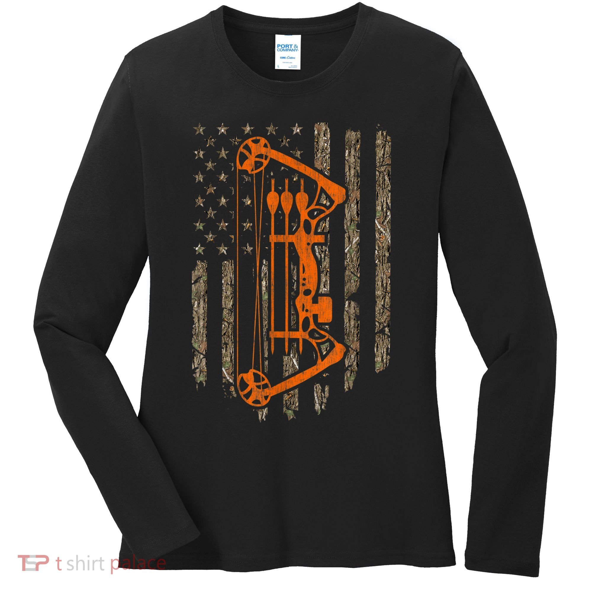 Bow Hunting American Flag Hunter Archery Tree Camouflage Women's Long Sleeve Shirt