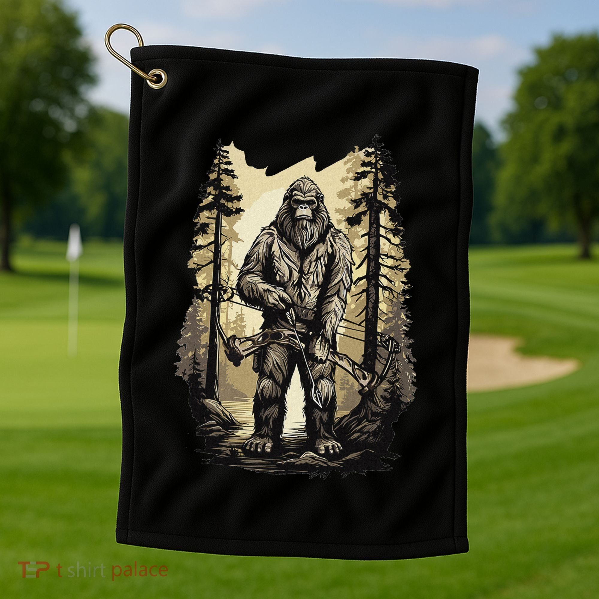 Bow Hunting Bigfoot Funny Bow Hunting Sasquatch Hunting Golf Towel