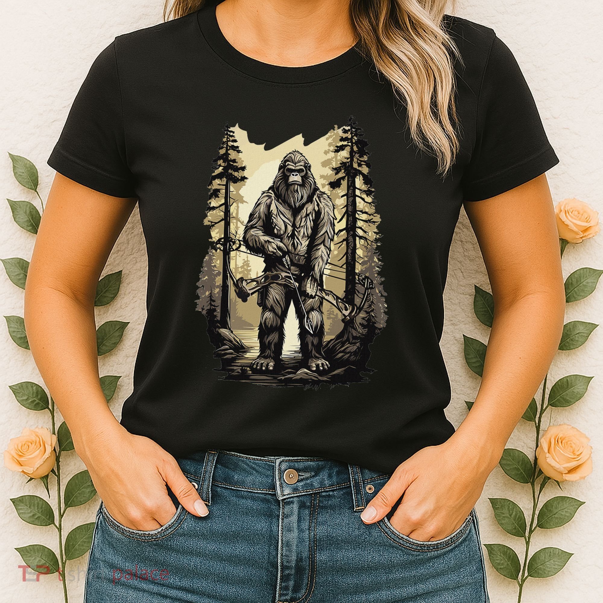 Bow Hunting Bigfoot Funny Bow Hunting Sasquatch Hunting Women's T-Shirt