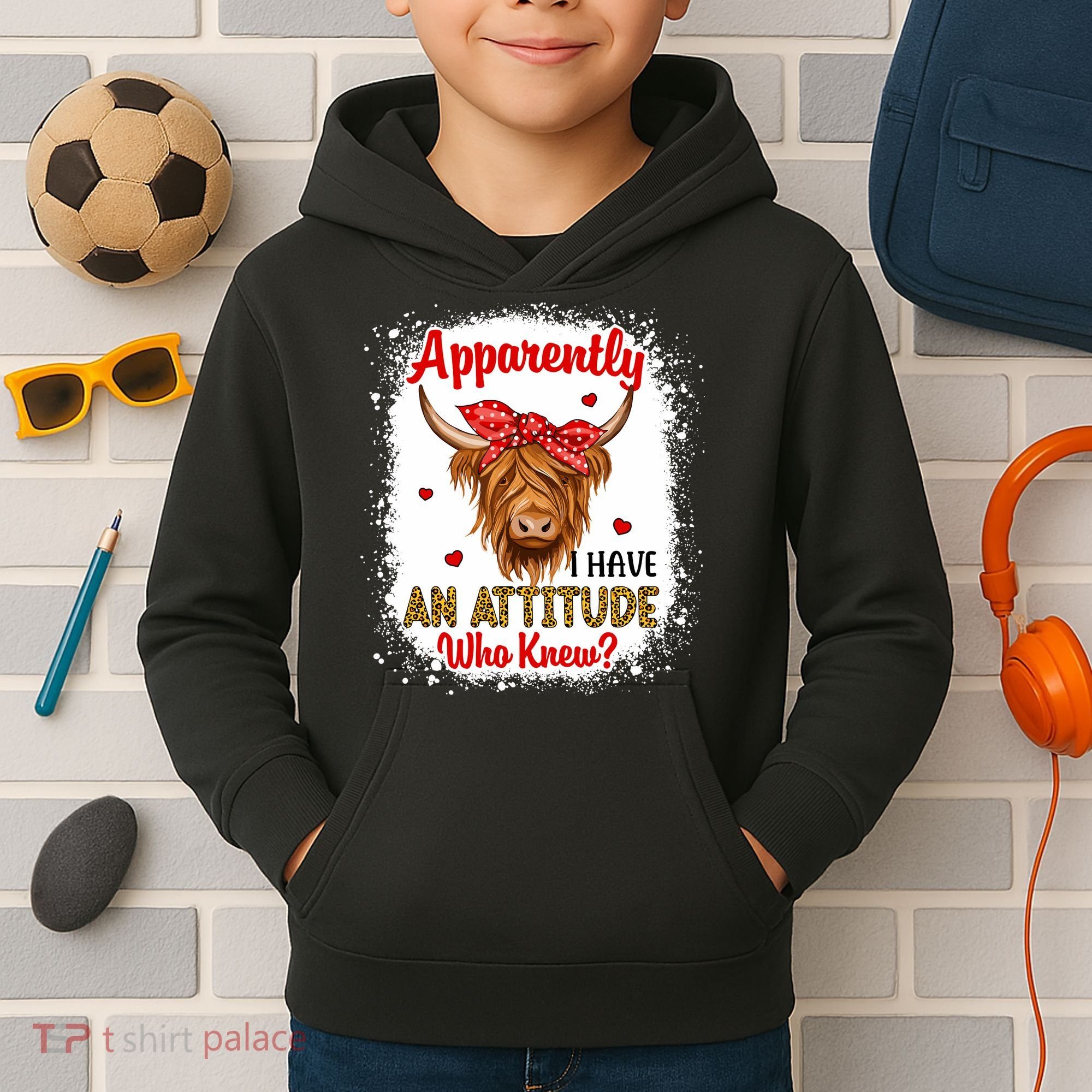 Bleached Highland Cow Apparently I Have An Attitude Who Knew Kids Hoodie