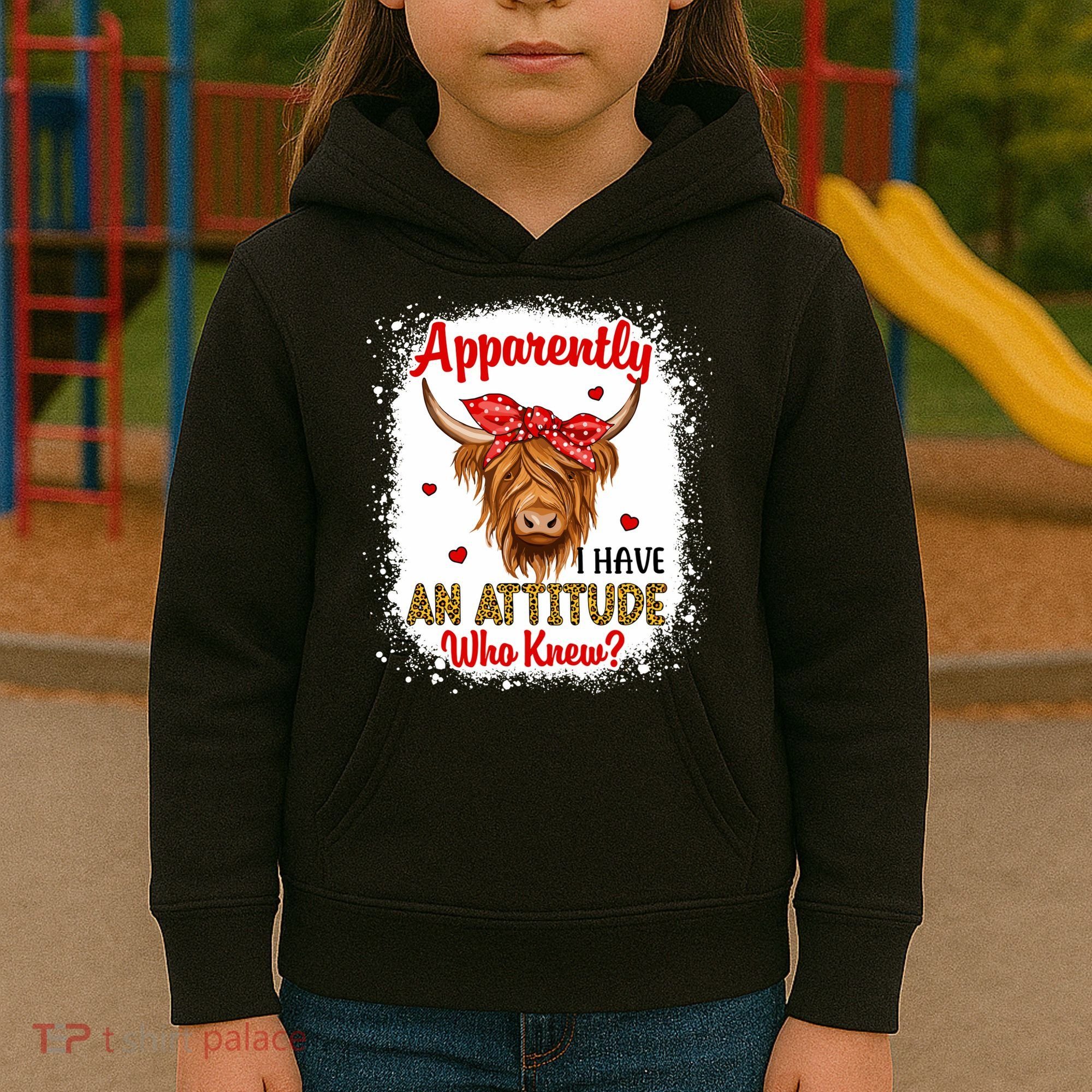 Bleached Highland Cow Apparently I Have An Attitude Who Knew Kids Hoodie