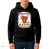 Bleached Highland Cow Apparently I Have An Attitude Who Knew Kids Hoodie thumb 4