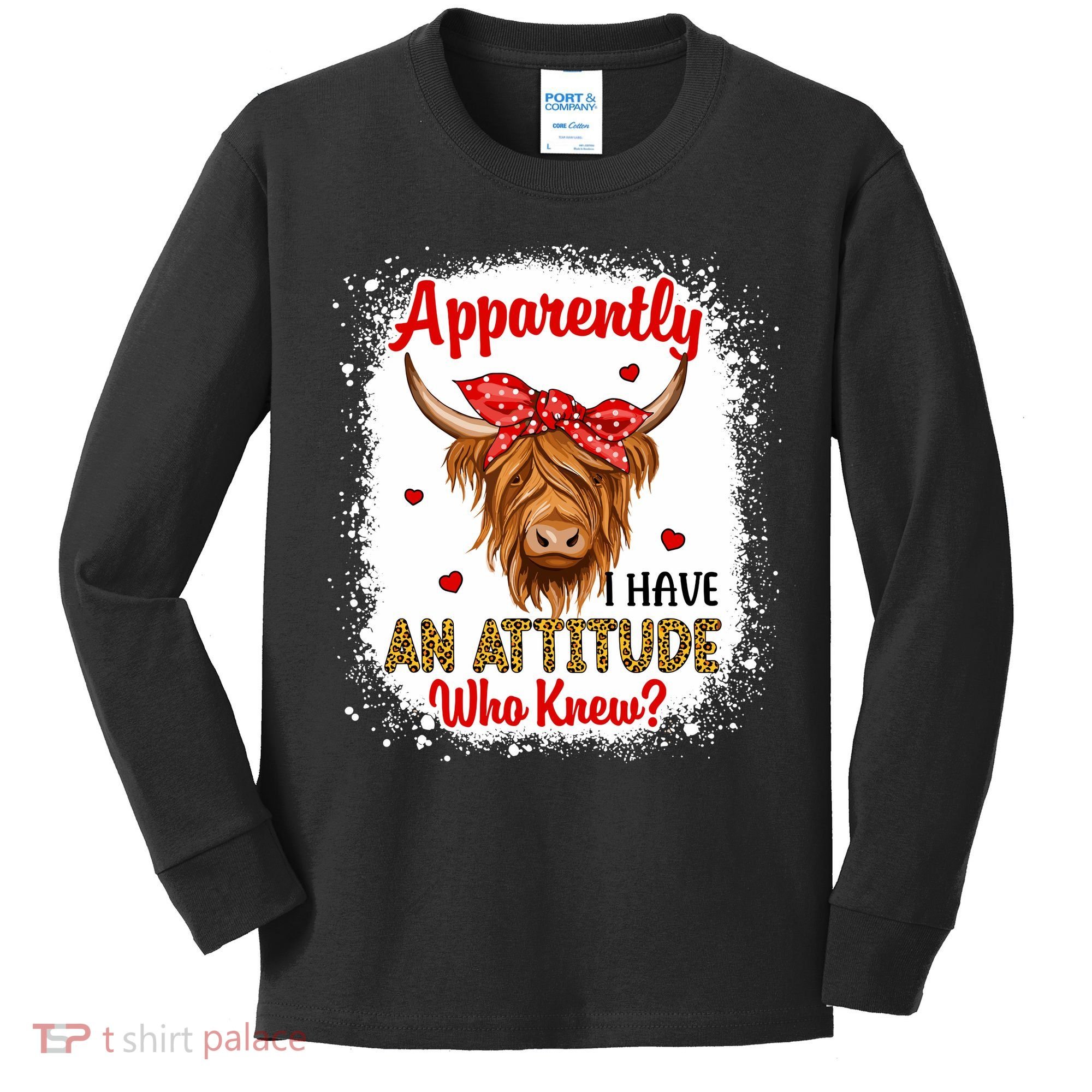 Bleached Highland Cow Apparently I Have An Attitude Who Knew Kids Long Sleeve Shirt