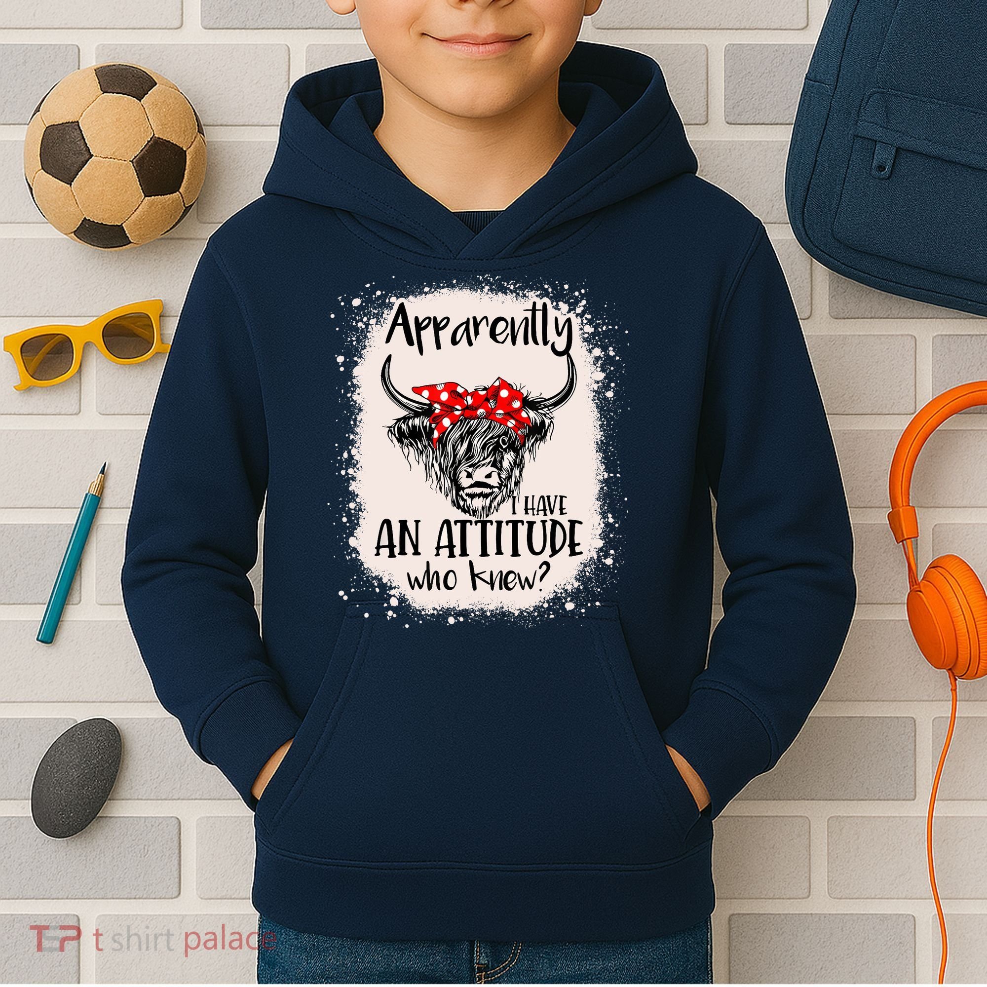 Bleached Highland Cow Apparently I Have An Attitude Who Knew Kids Hoodie