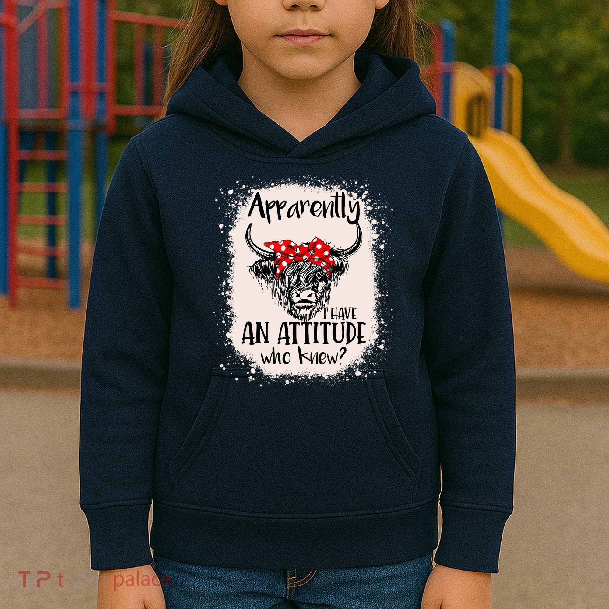 Bleached Highland Cow Apparently I Have An Attitude Who Knew Kids Hoodie