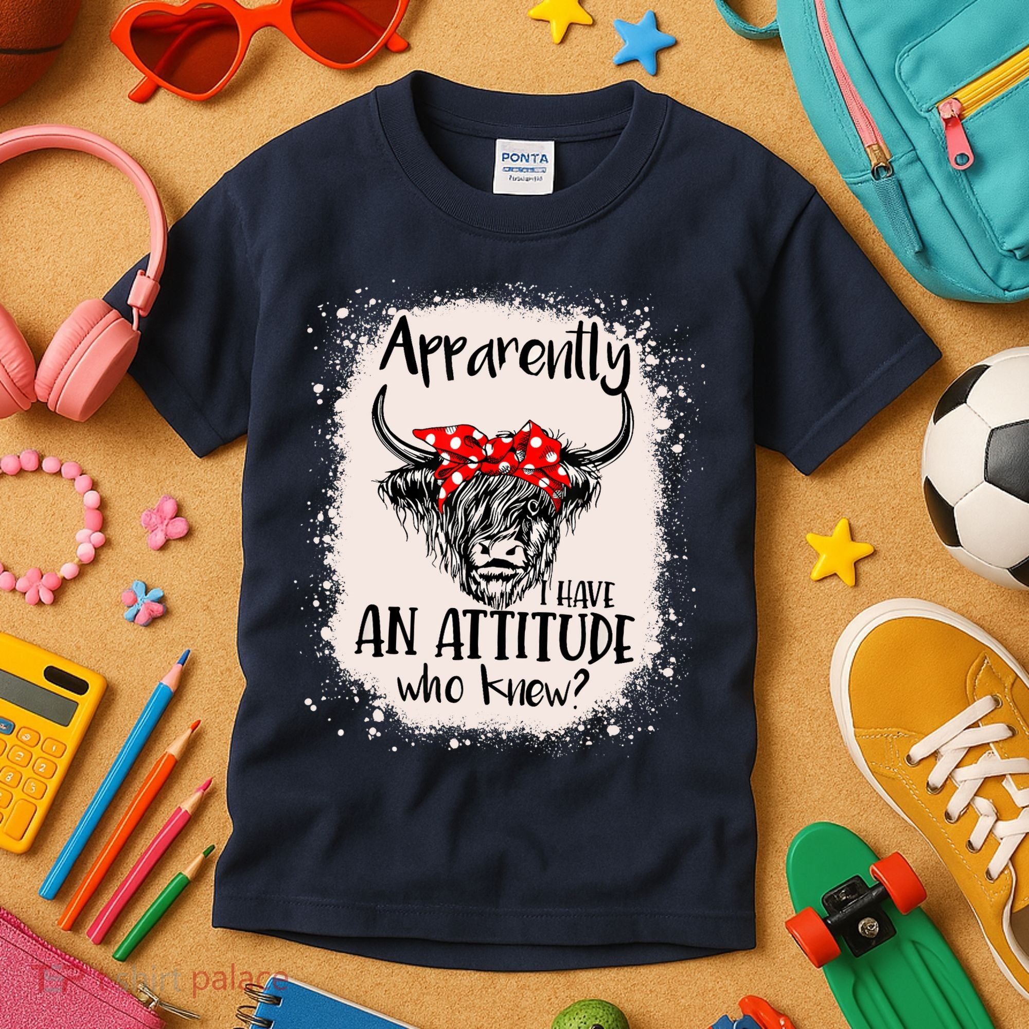 Bleached Highland Cow Apparently I Have An Attitude Who Knew Kids T-Shirt