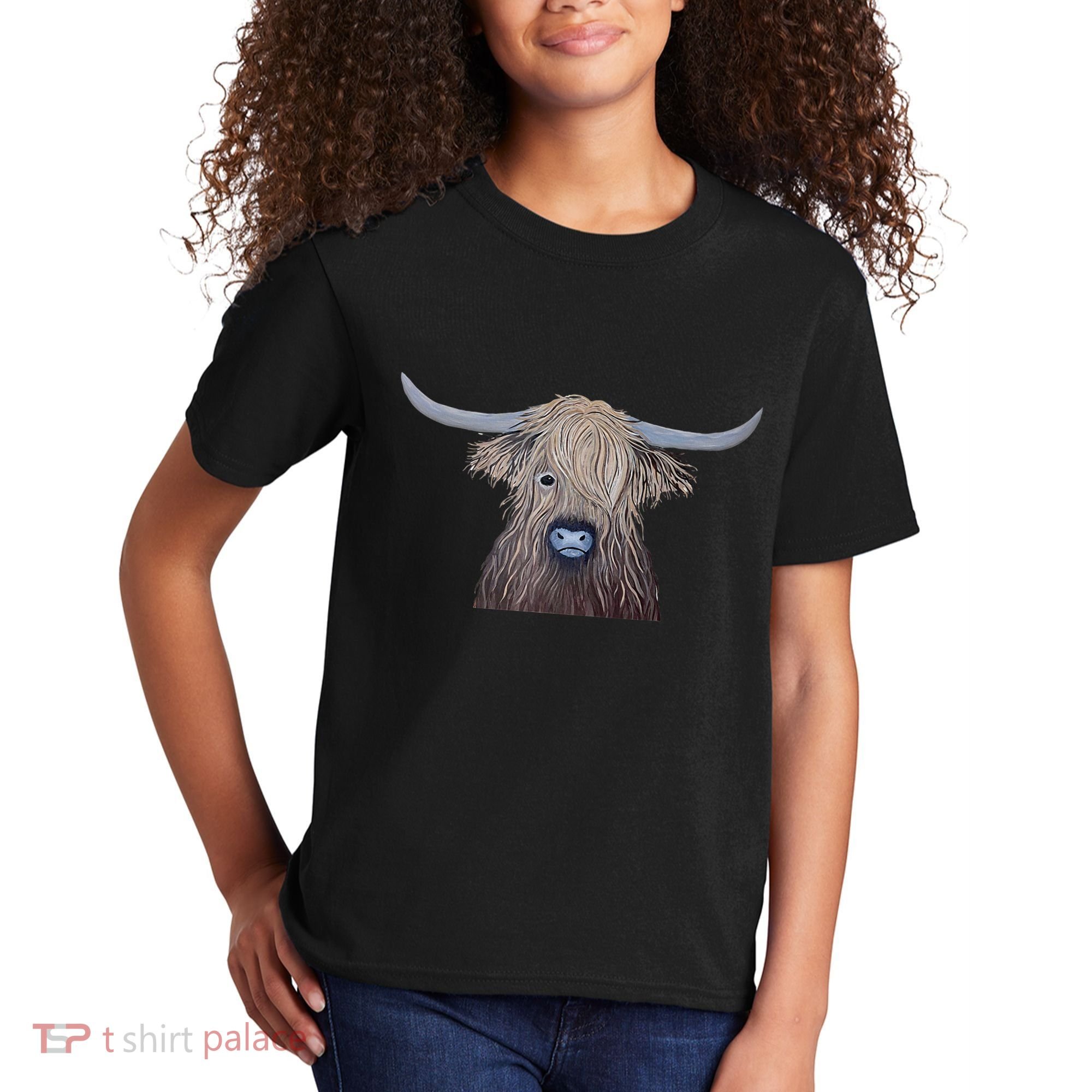Bull Highland Cow Painting Charming Art Kids T-Shirt