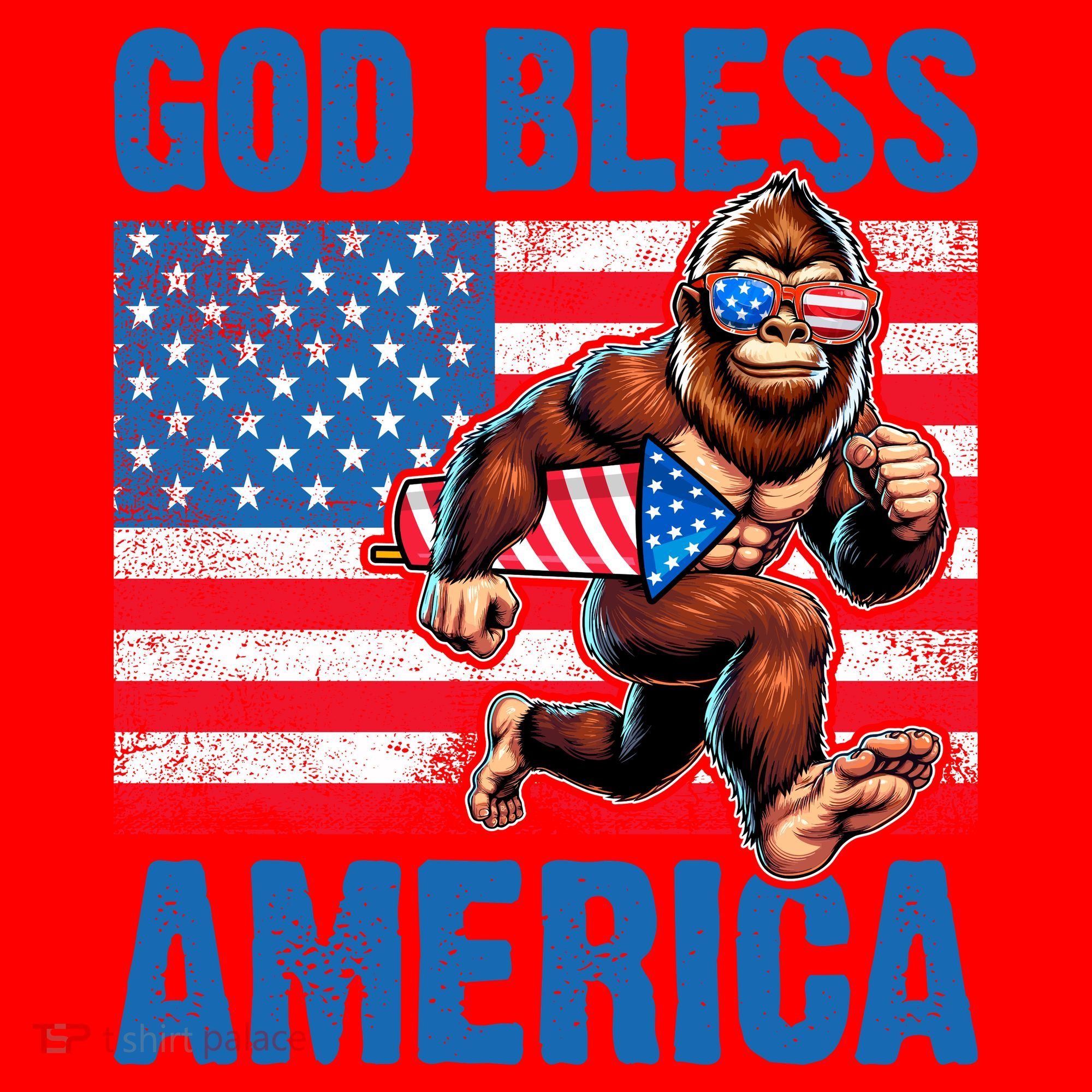 Bigfoot Holding Firework God Bless America Santa Hat
