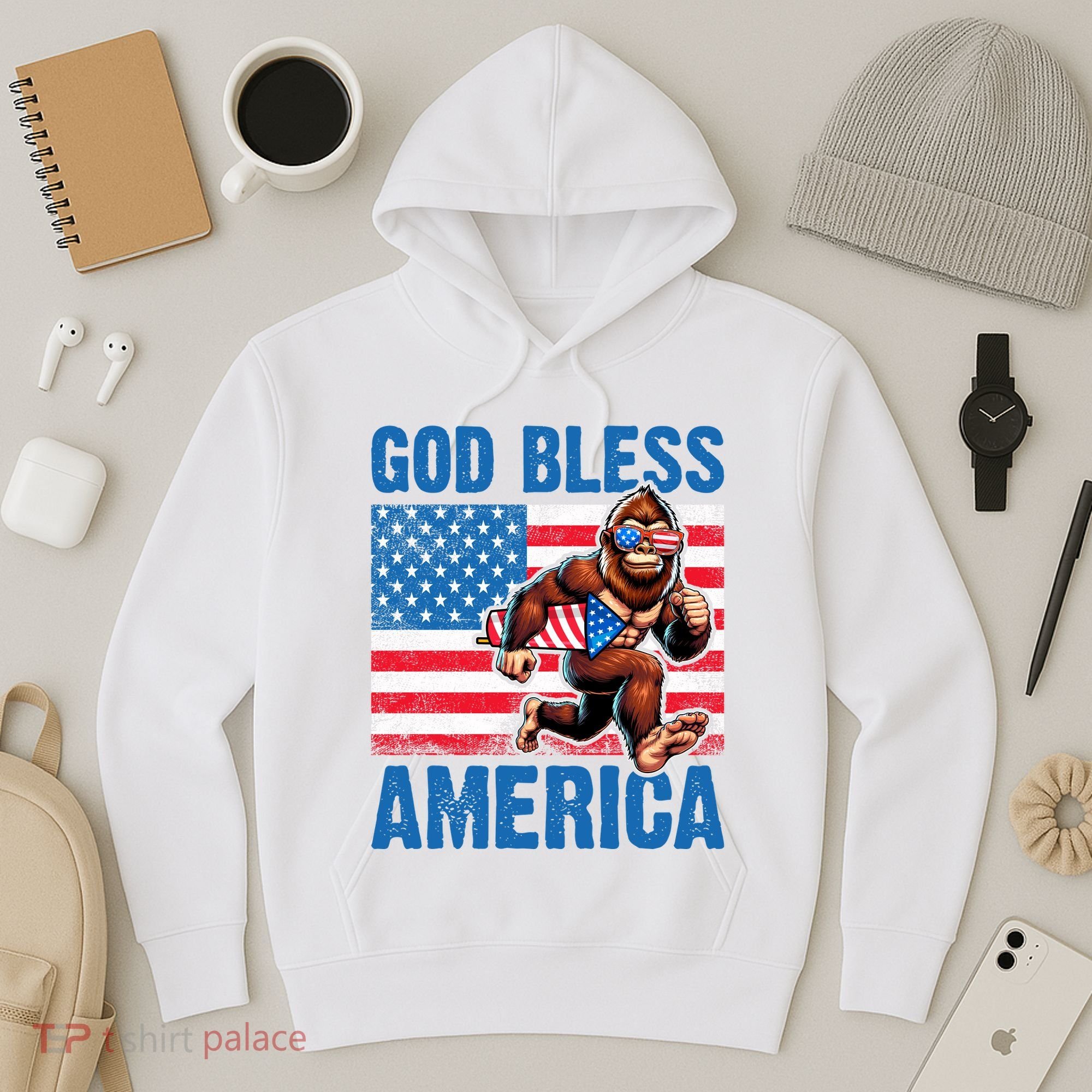 Bigfoot Holding Firework God Bless America Hoodie