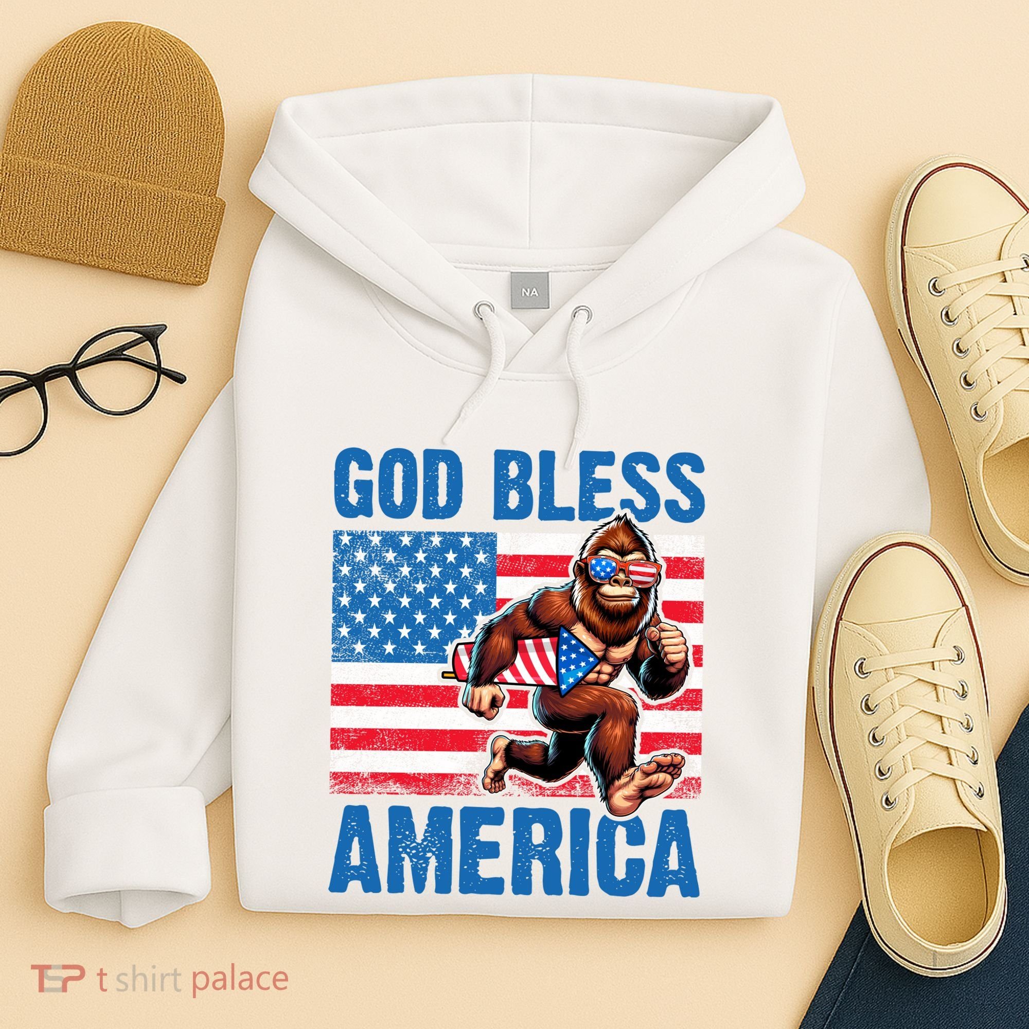 Bigfoot Holding Firework God Bless America Hoodie