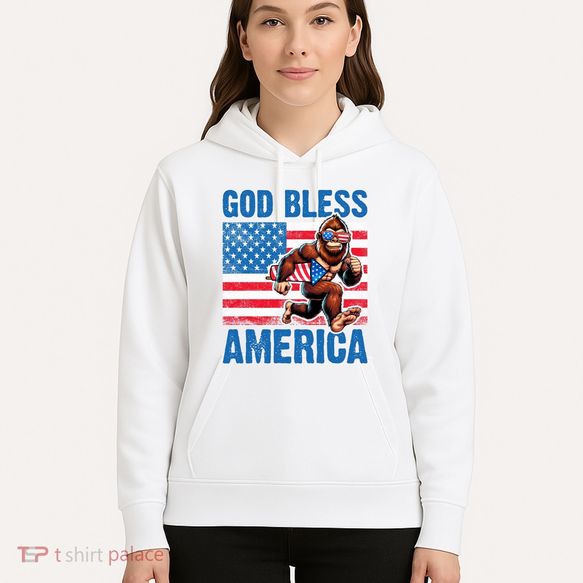 Bigfoot Holding Firework God Bless America Hoodie
