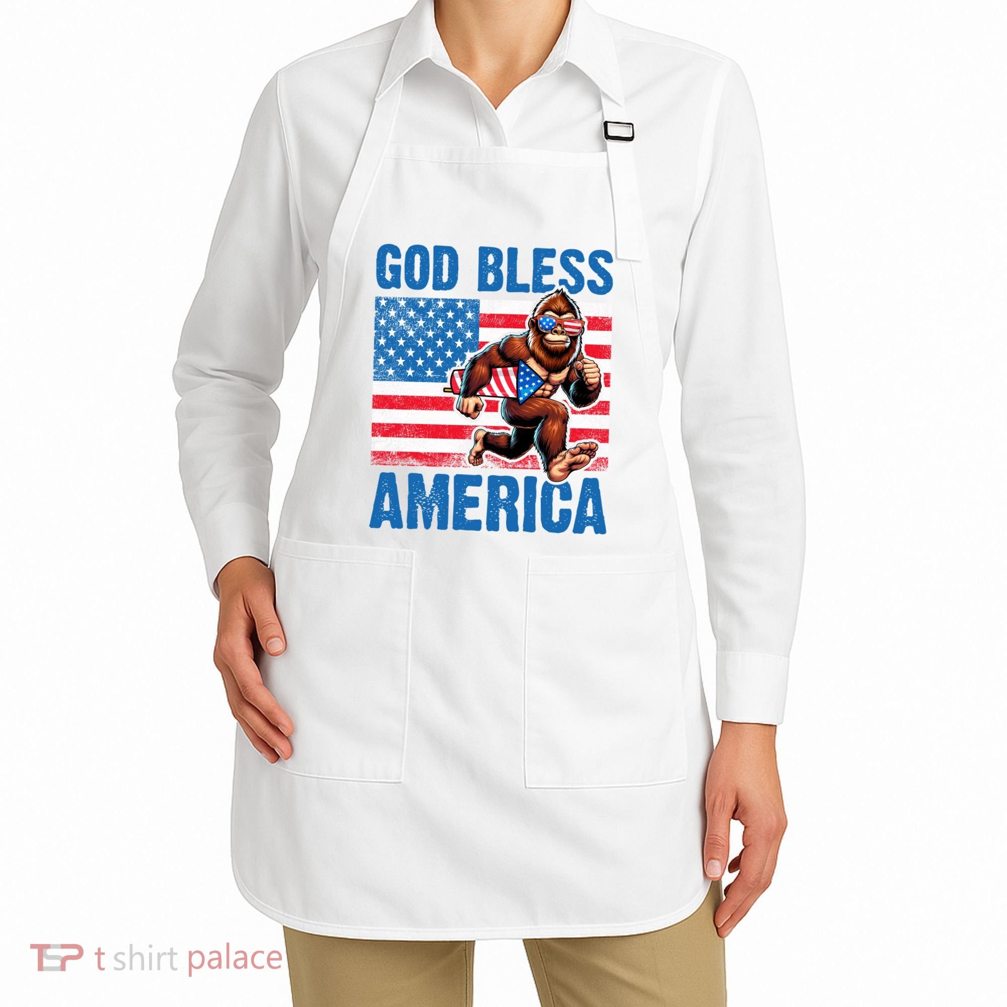 Bigfoot Holding Firework God Bless America Apron