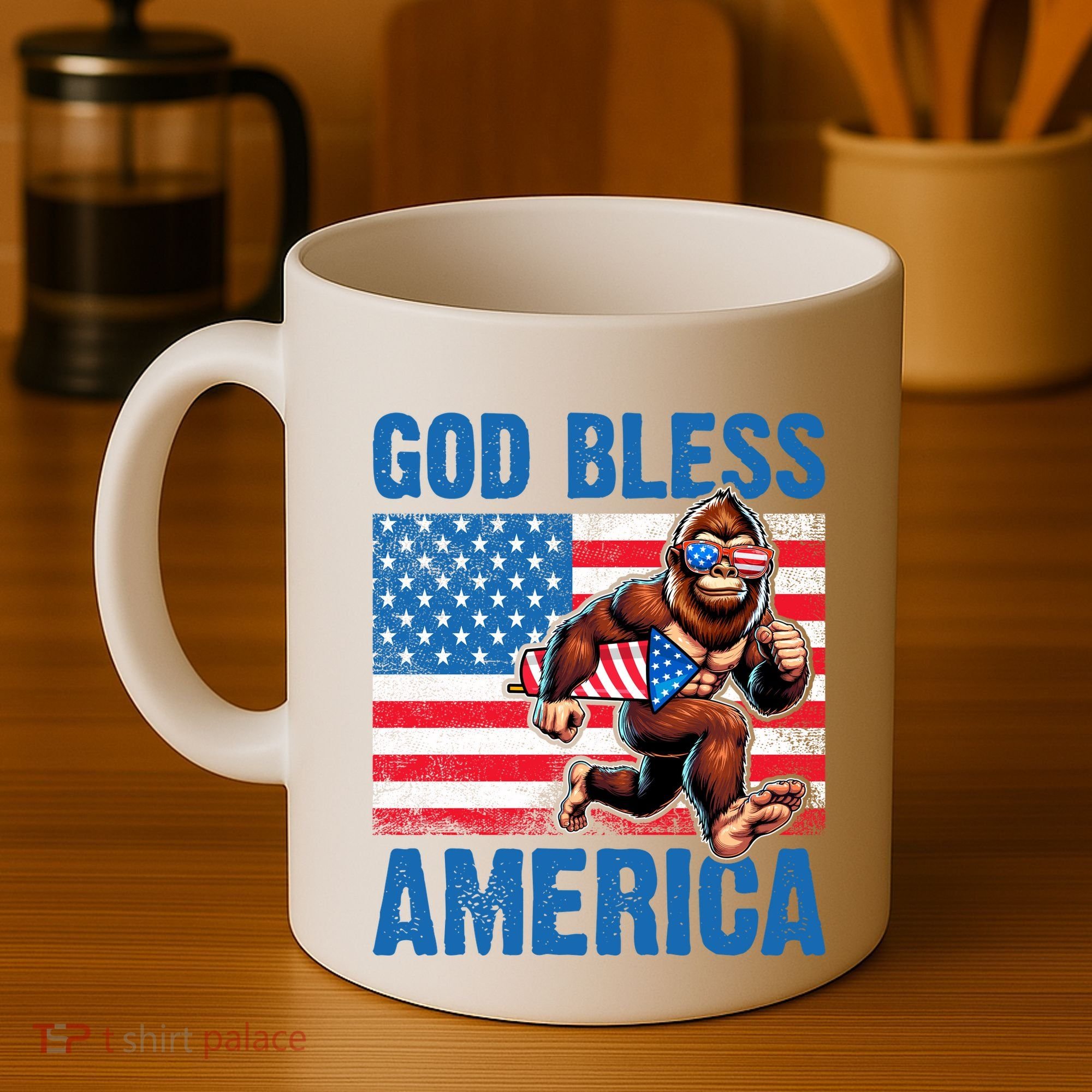 Bigfoot Holding Firework God Bless America Coffee Mug