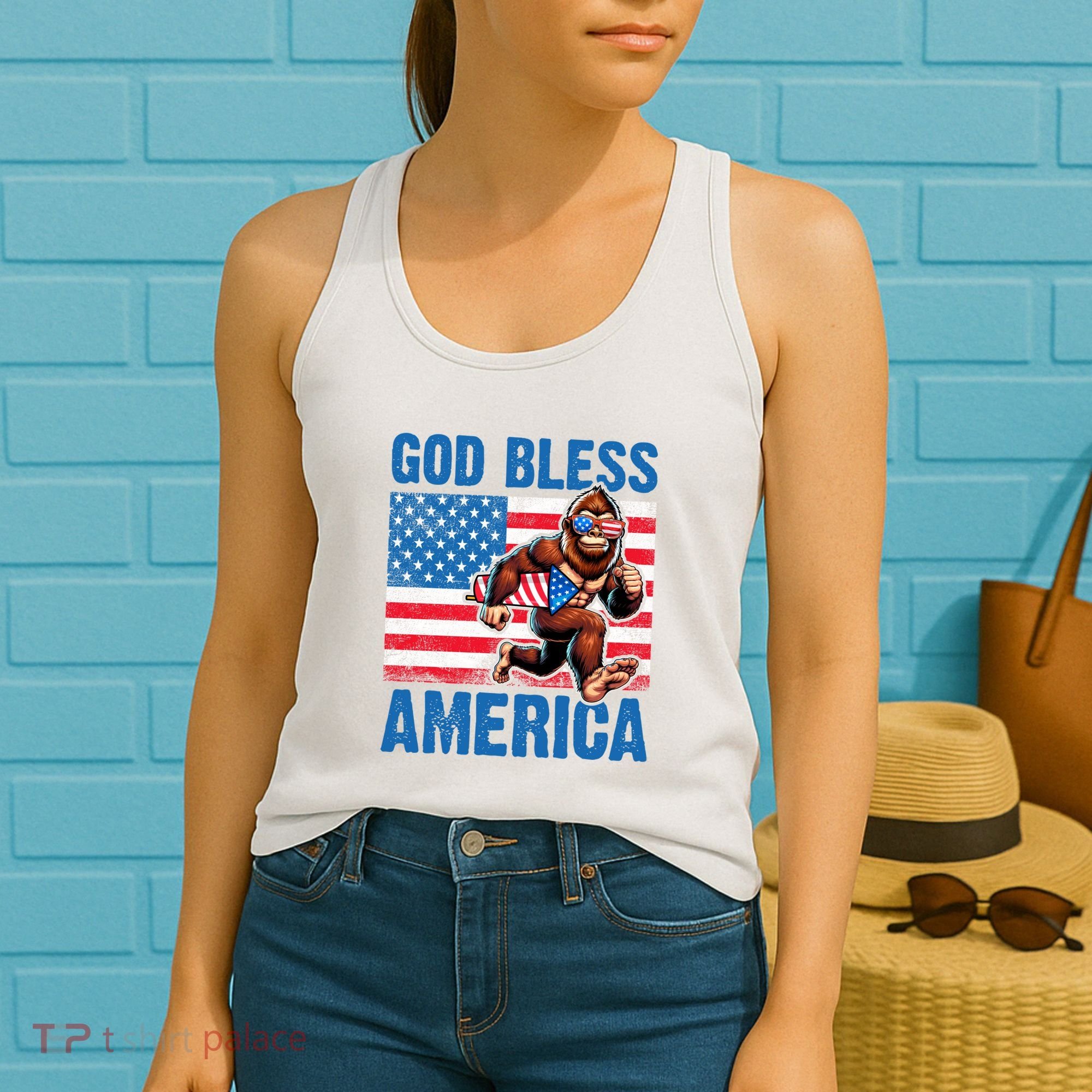 Bigfoot Holding Firework God Bless America Women's Tank Top