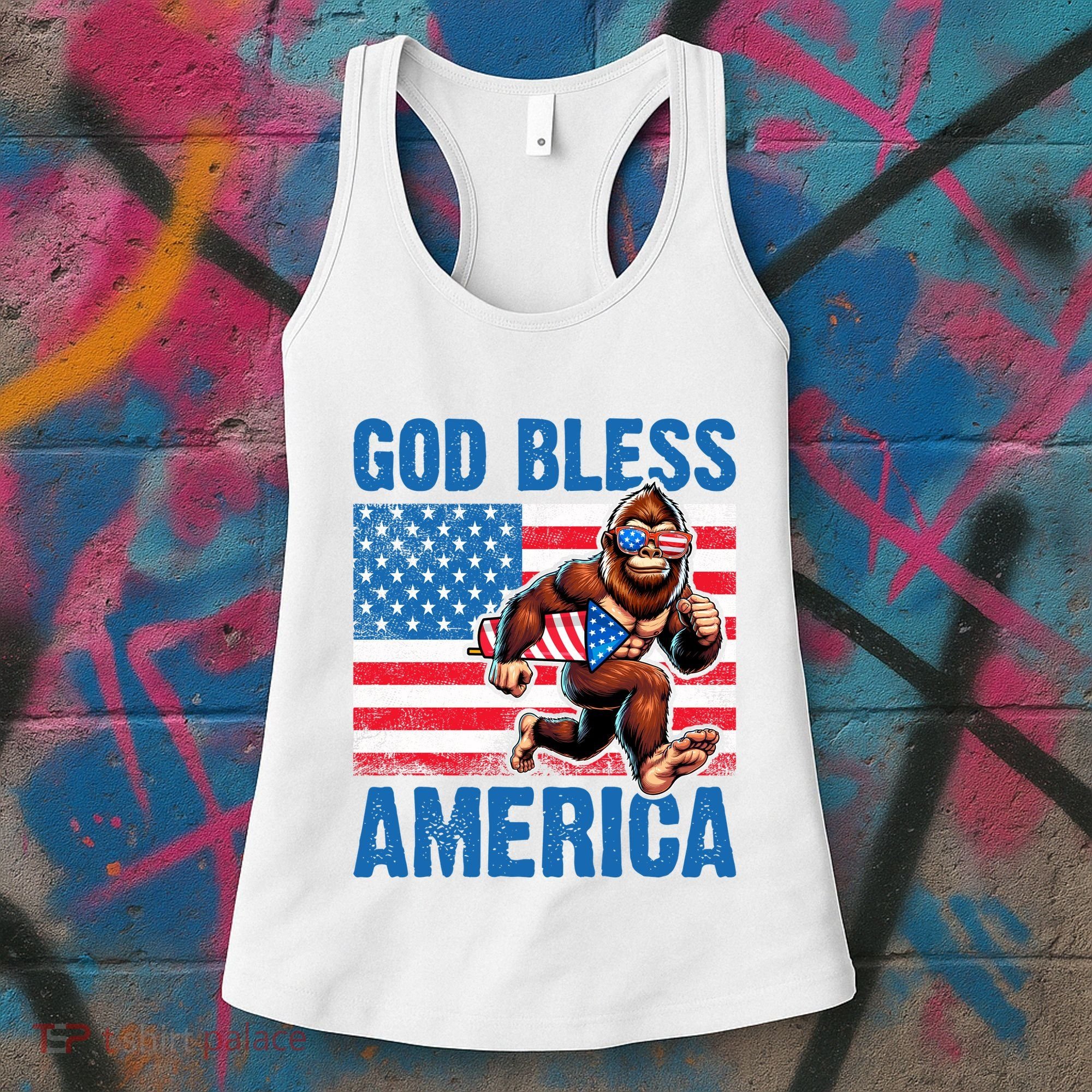 Bigfoot Holding Firework God Bless America Women's Tank Top