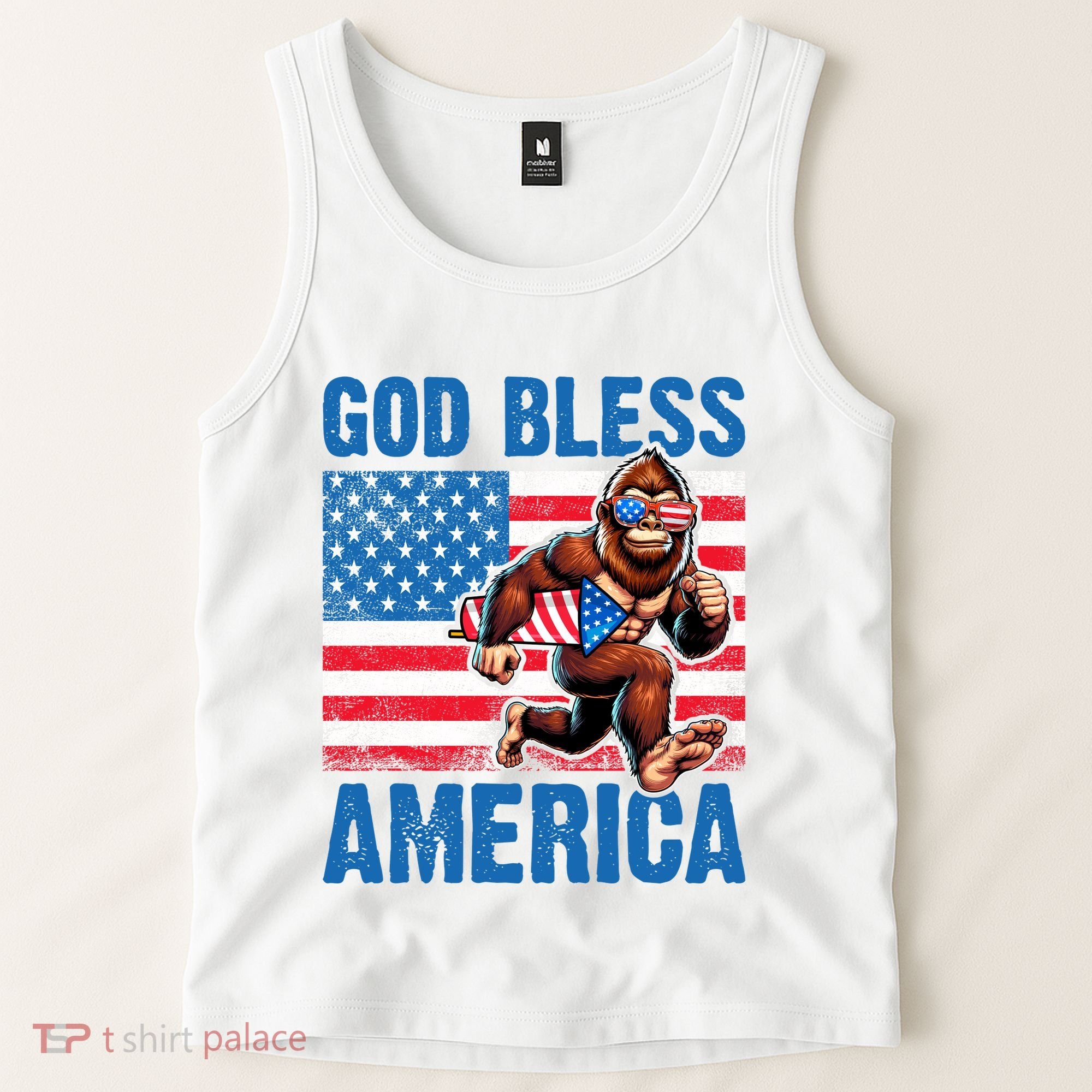 Bigfoot Holding Firework God Bless America Tank Top