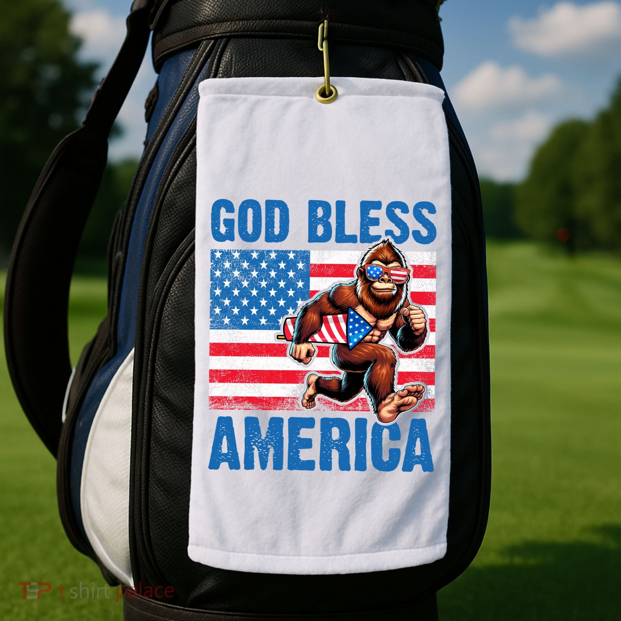 Bigfoot Holding Firework God Bless America Golf Towel