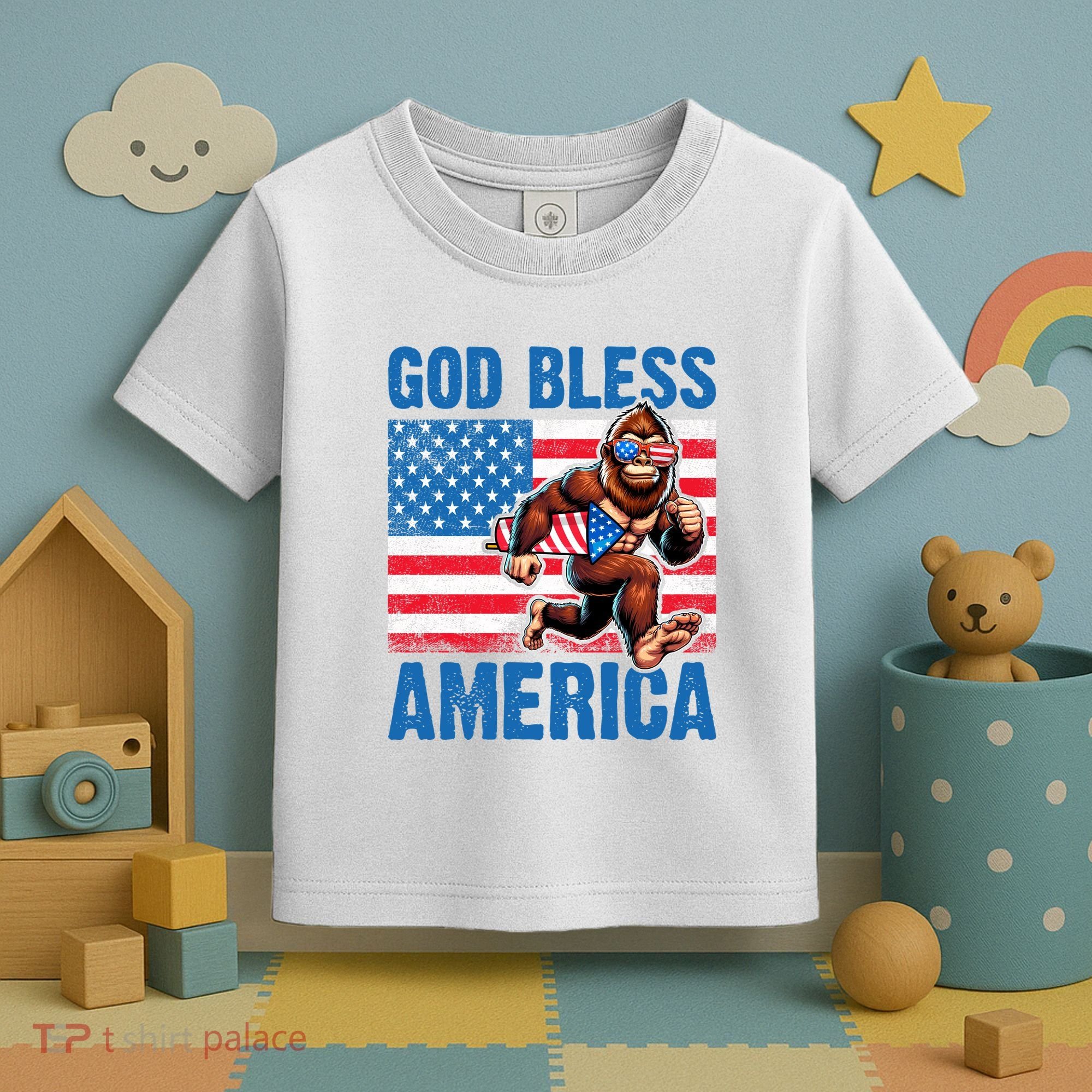 Bigfoot Holding Firework God Bless America Toddler T-Shirt