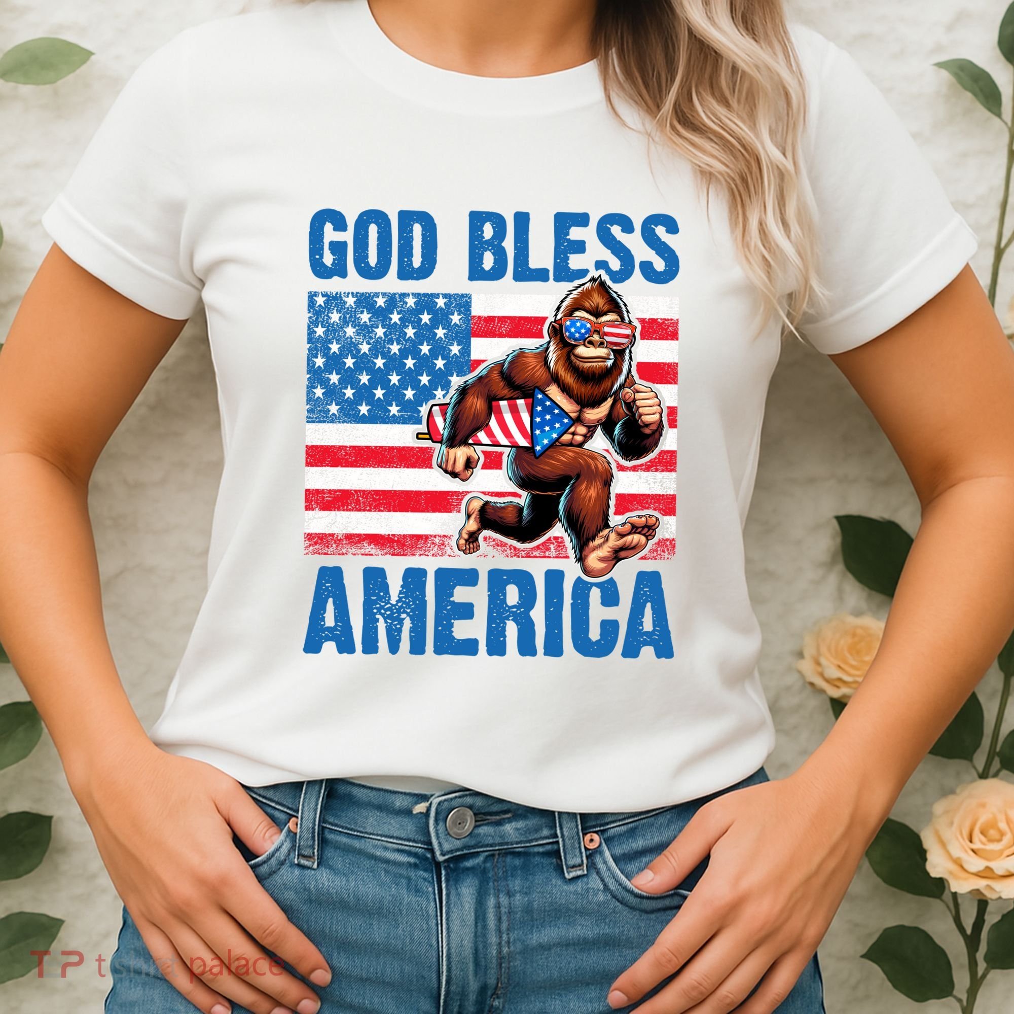 Bigfoot Holding Firework God Bless America Women's T-Shirt