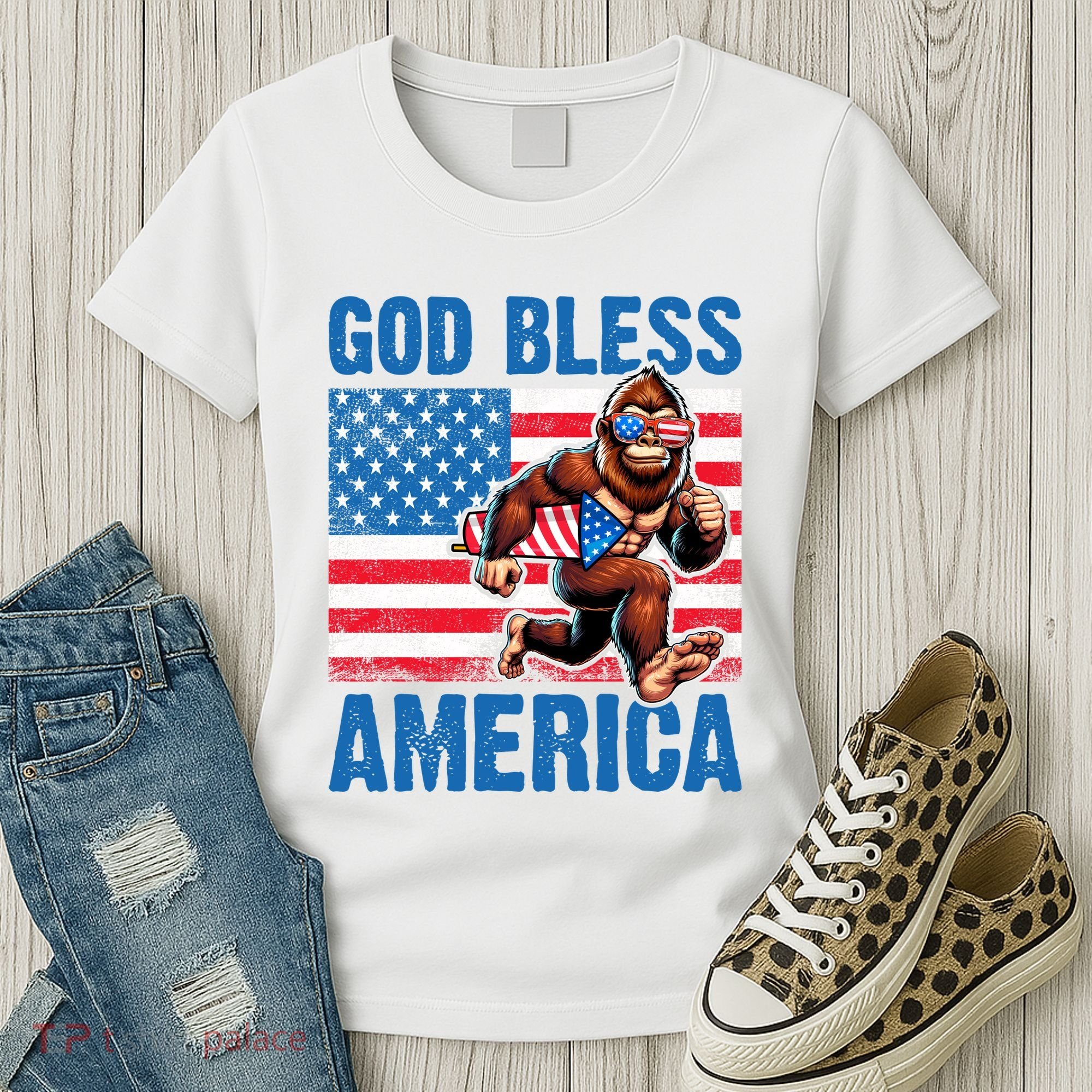 Bigfoot Holding Firework God Bless America Women's T-Shirt