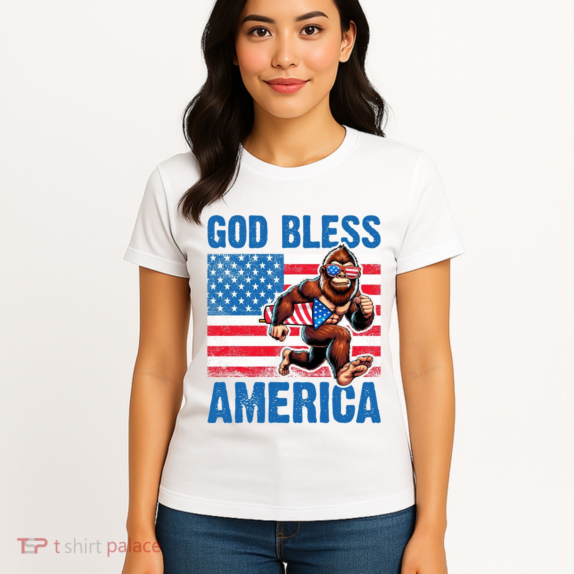 Bigfoot Holding Firework God Bless America Women's T-Shirt