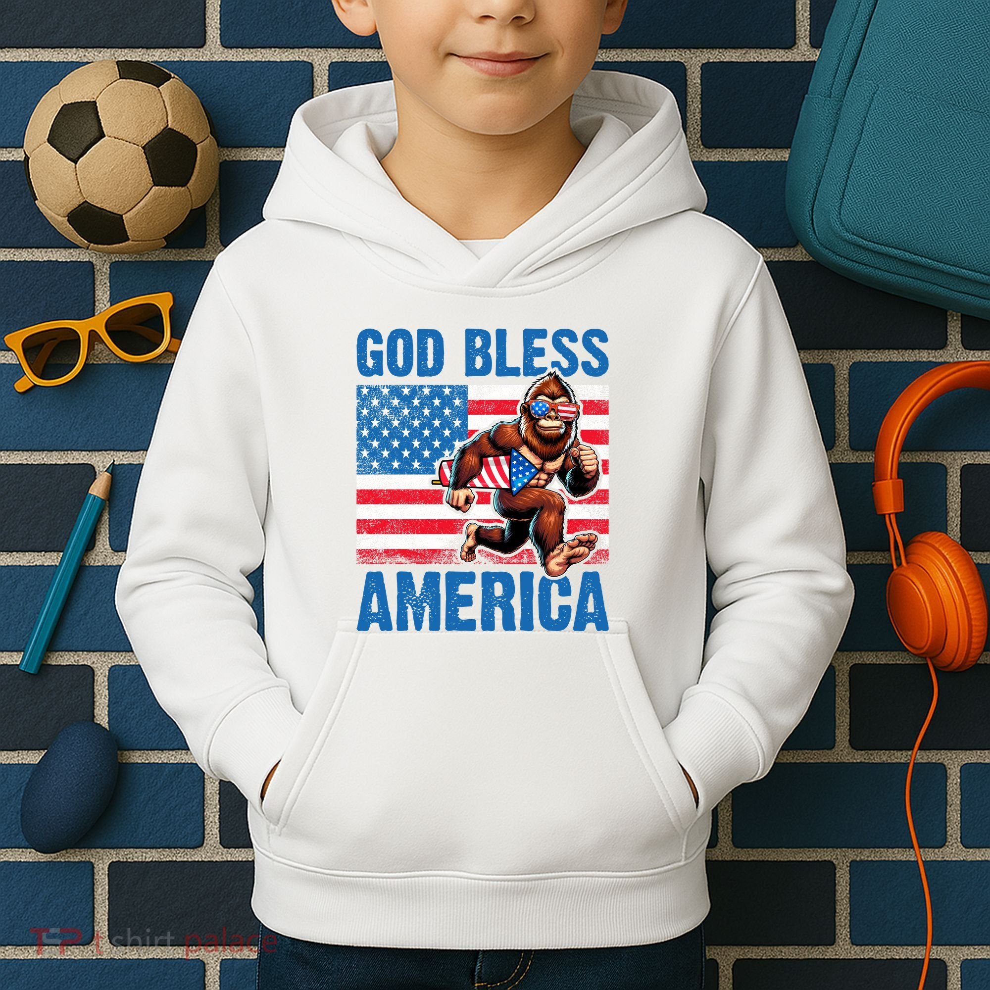 Bigfoot Holding Firework God Bless America Kids Hoodie