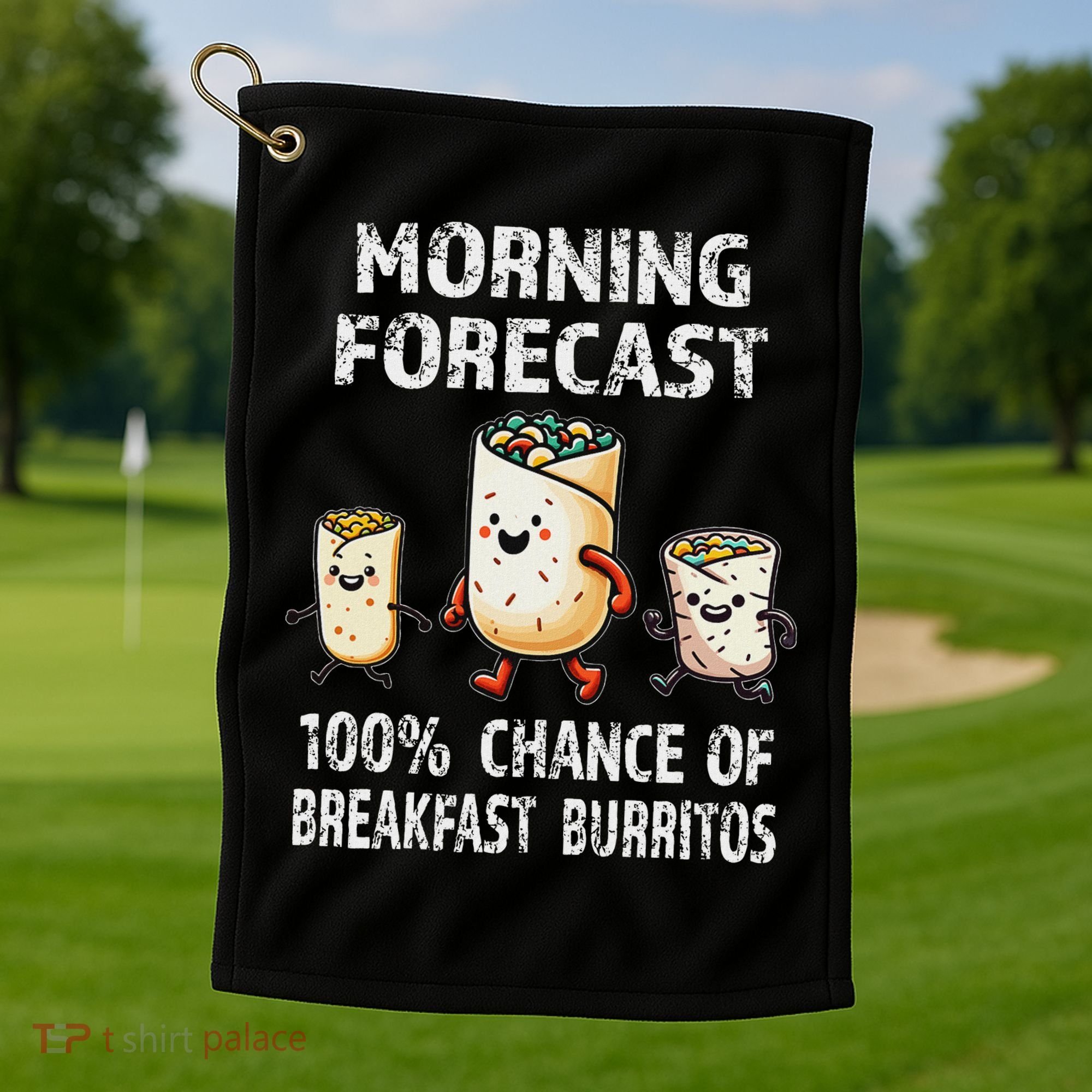 Breakfast Humor Funny Morning Forecast Breakfast Burrito Golf Towel
