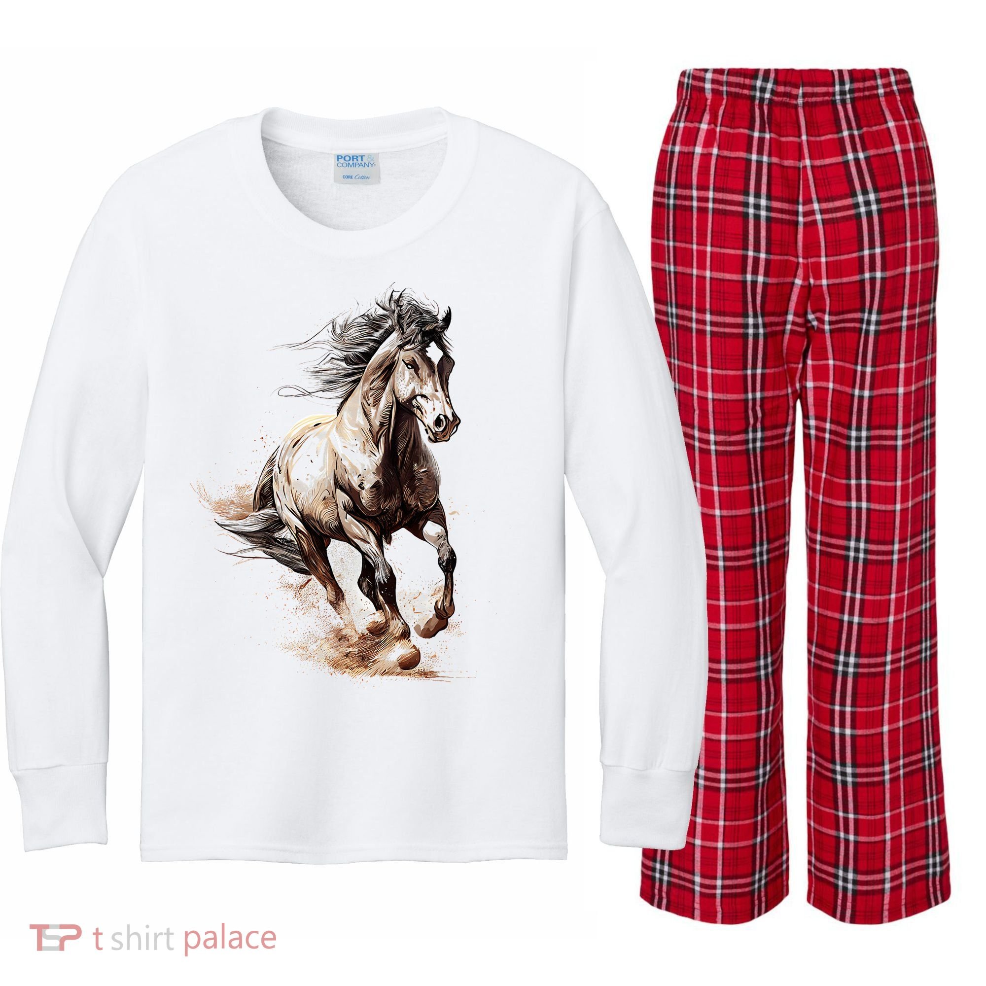 Beautiful Horse Graphic Horse funny animal Kids Long Sleeve Plaid Pajama Set