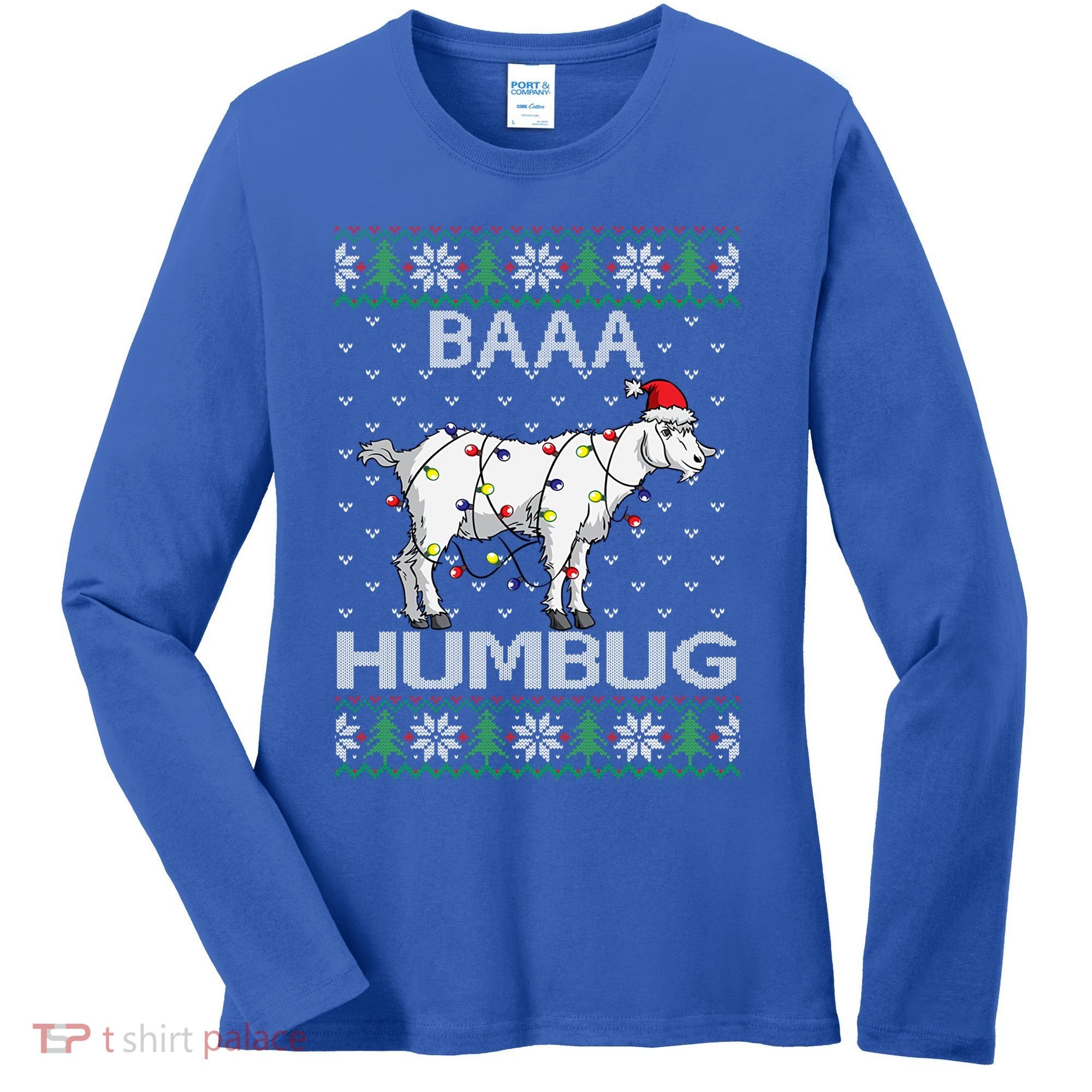 Baaa Humbug Goat Santa Hat Christmas Lights Ugly Sweater Gift Women's Long Sleeve Shirt