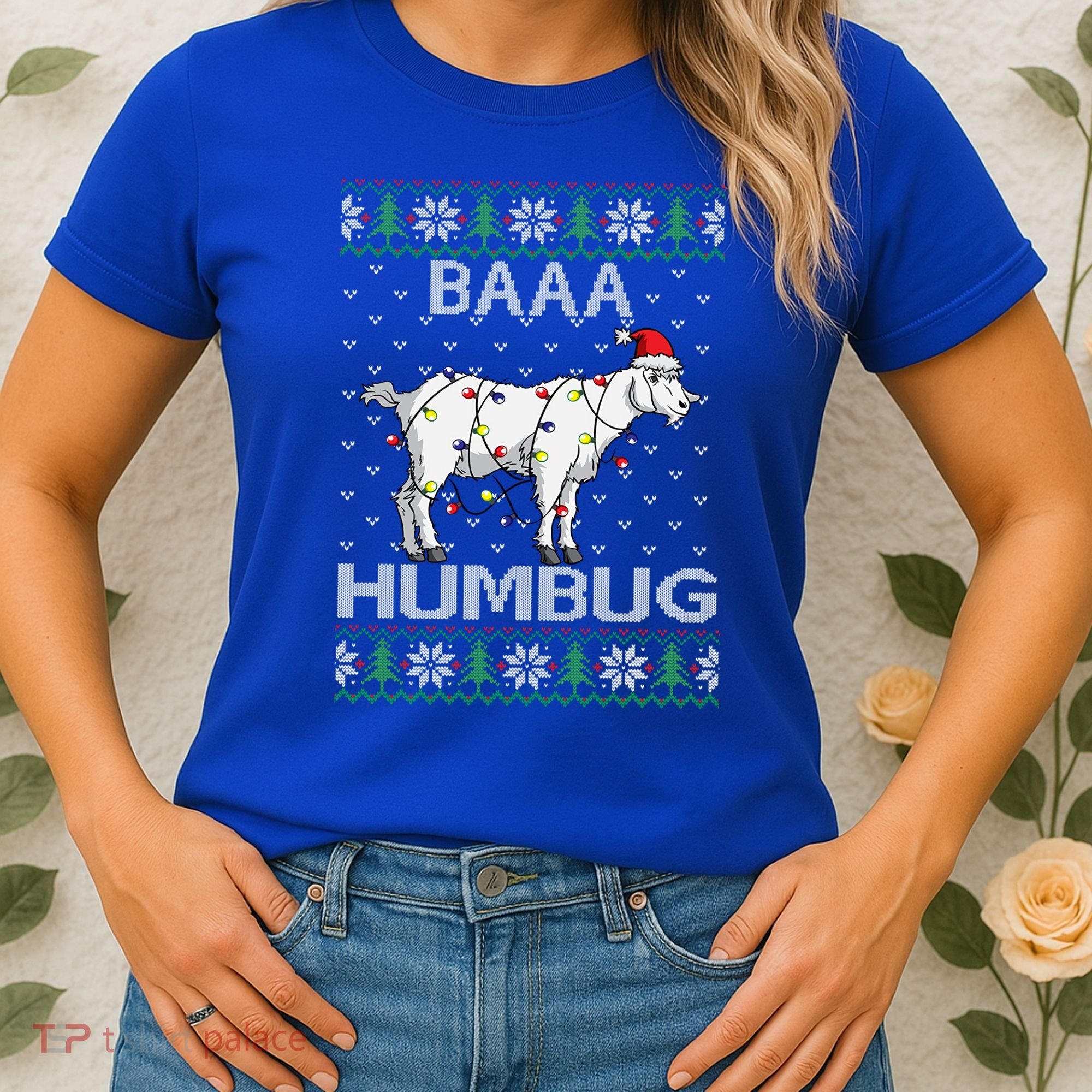 Baaa Humbug Goat Santa Hat Christmas Lights Ugly Sweater Gift Women's T-Shirt