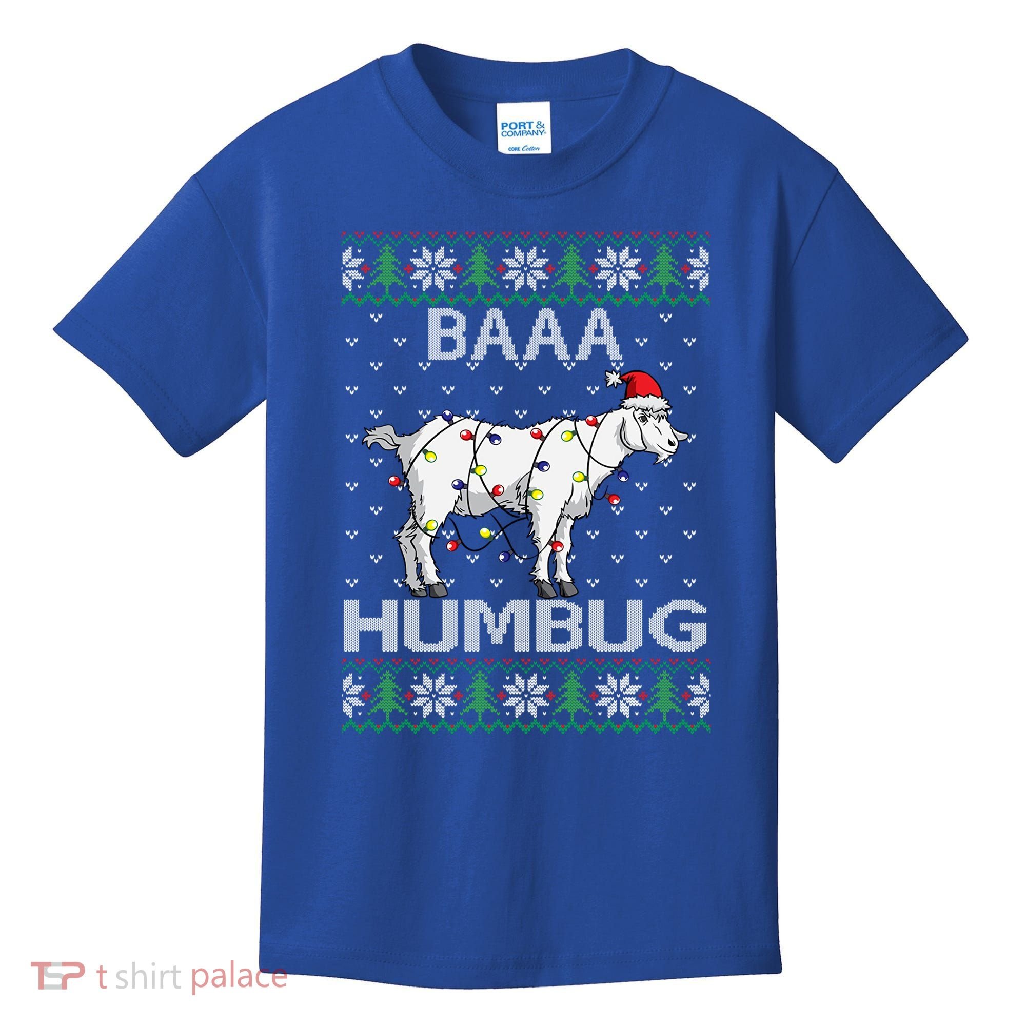 Baaa Humbug Goat Santa Hat Christmas Lights Ugly Sweater Gift Kids T-Shirt