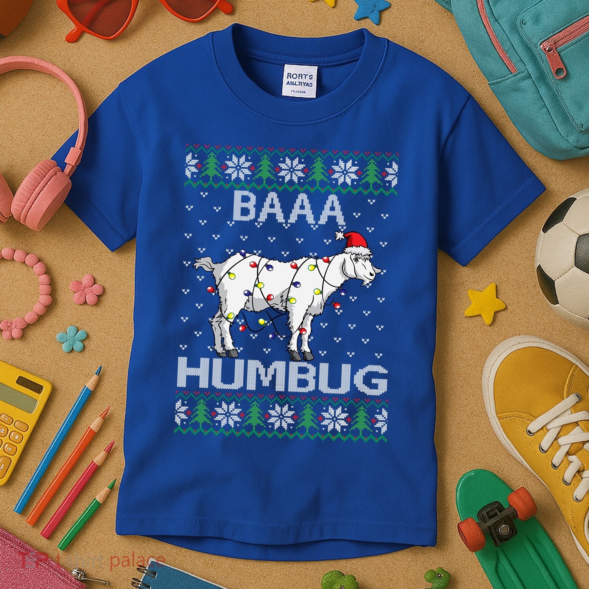 Baaa Humbug Goat Santa Hat Christmas Lights Ugly Sweater Gift Kids T-Shirt