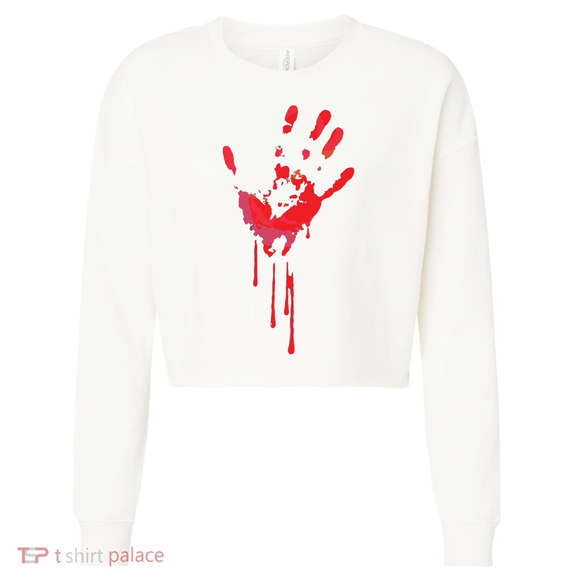 Bloody Hand Horror Blood Creepy Halloween Cropped Pullover Crew