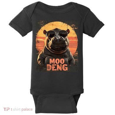 Baby Hippo Moo Deng Sunglasess Vintage Retro Baby Bodysuit