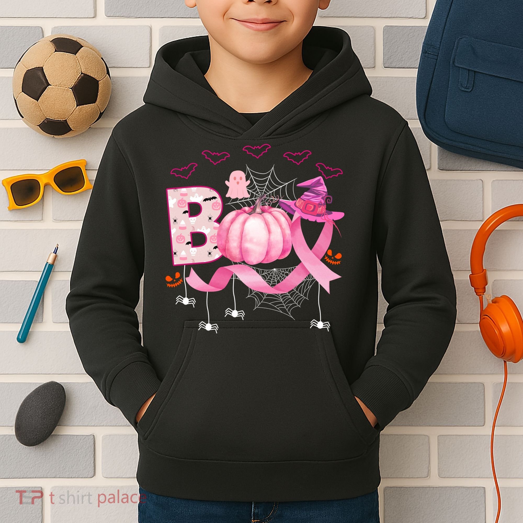 Boo Halloween October Breast Cancer Awareness Kids Hoodie