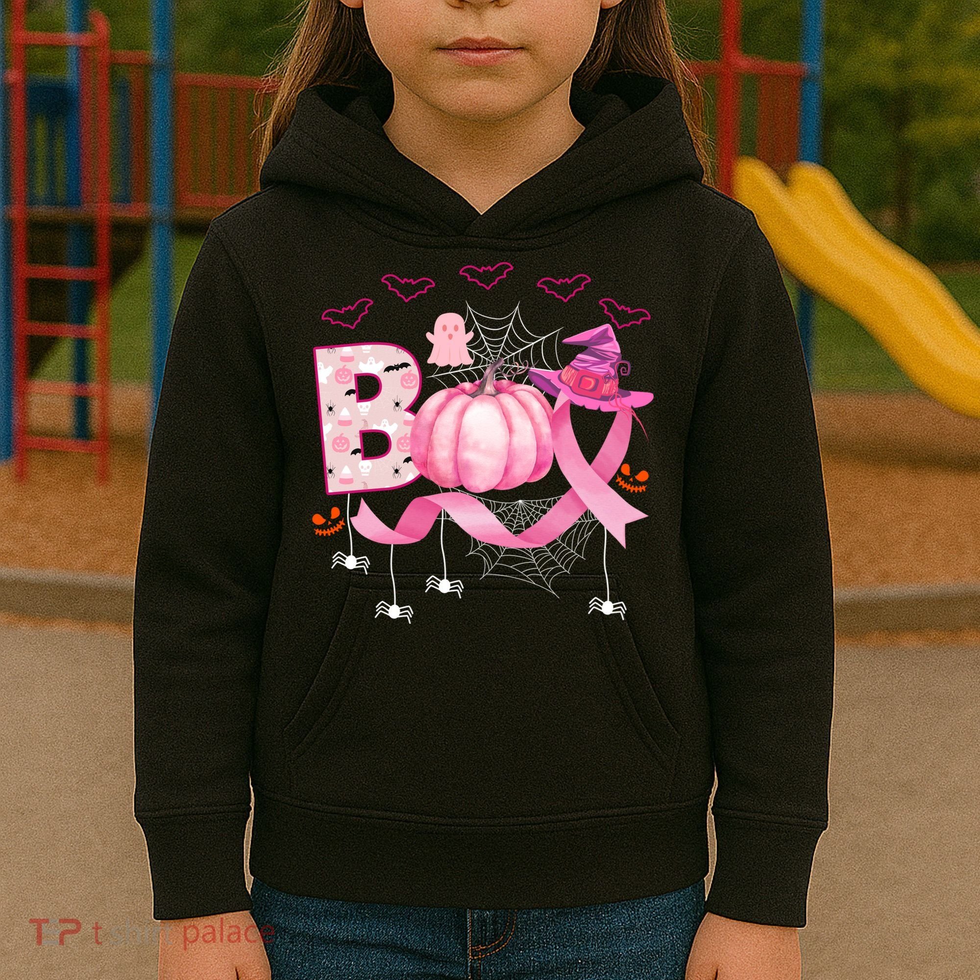 Boo Halloween October Breast Cancer Awareness Kids Hoodie