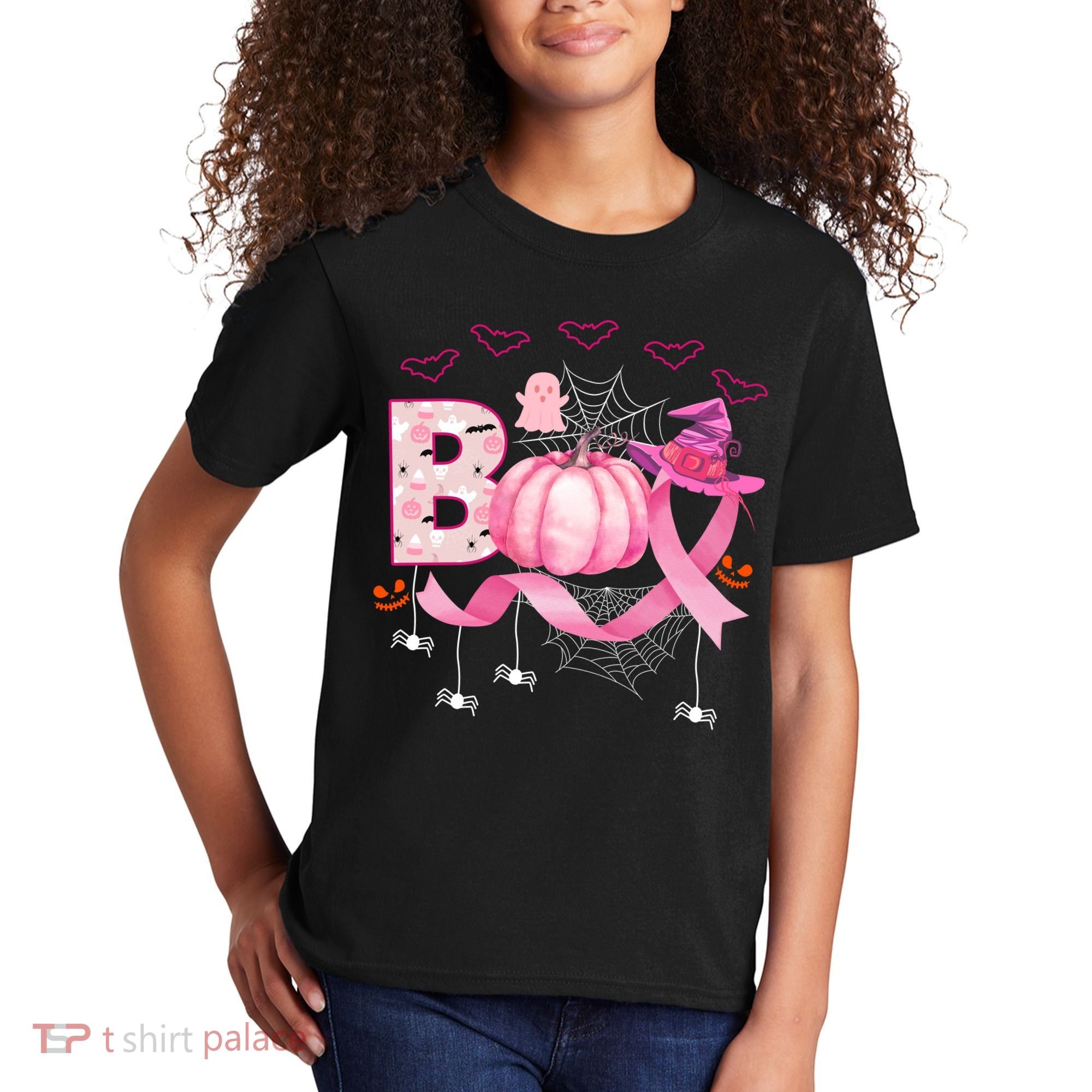 Boo Halloween October Breast Cancer Awareness Kids T-Shirt