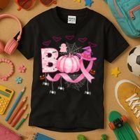Boo Halloween October Breast Cancer Awareness Kids T-Shirt thumb 3