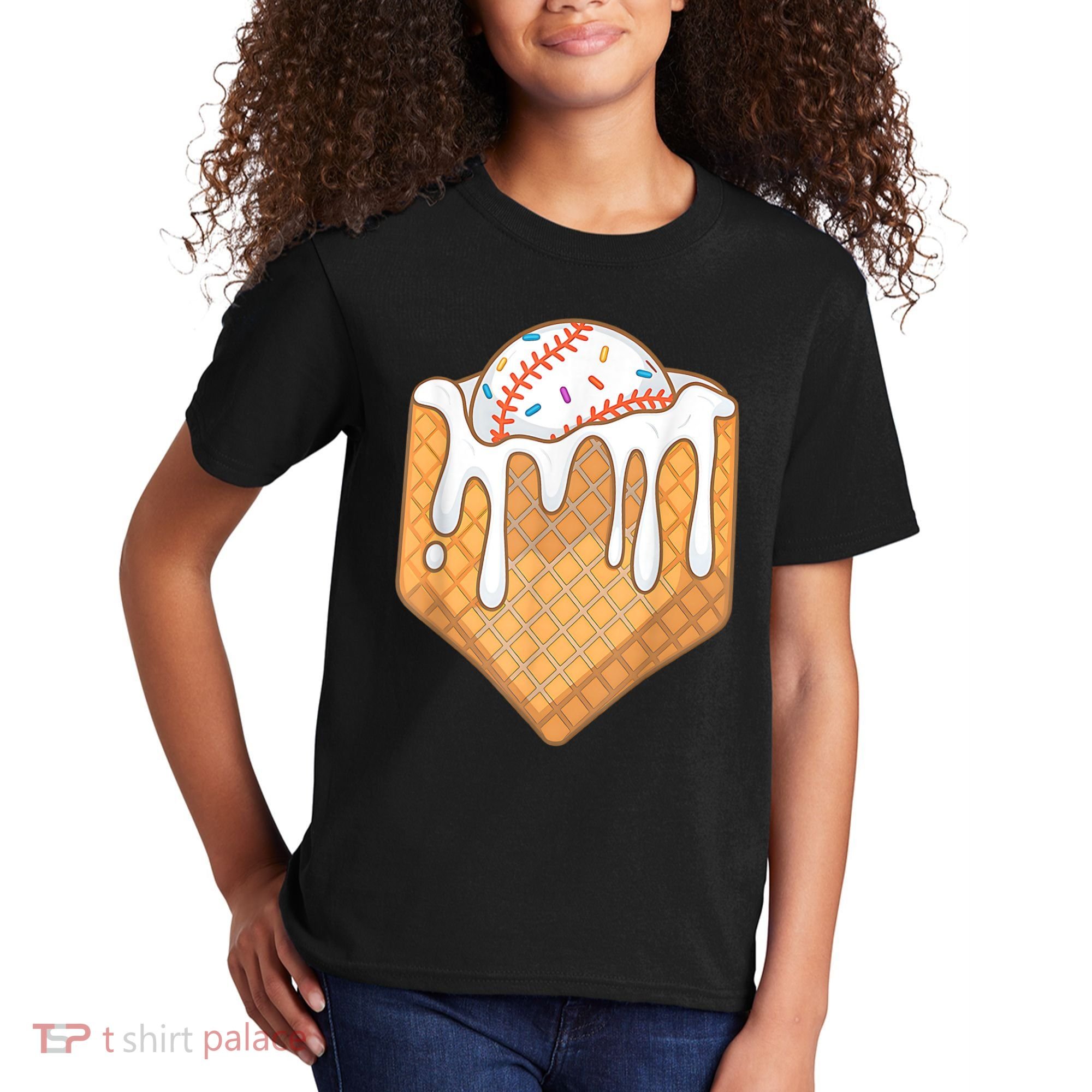 Baseball Home Plate Drip Ice Cream Spinkle Baseball Home Plate Ice Cream Drip Fun Sports Lover Kids T-Shirt