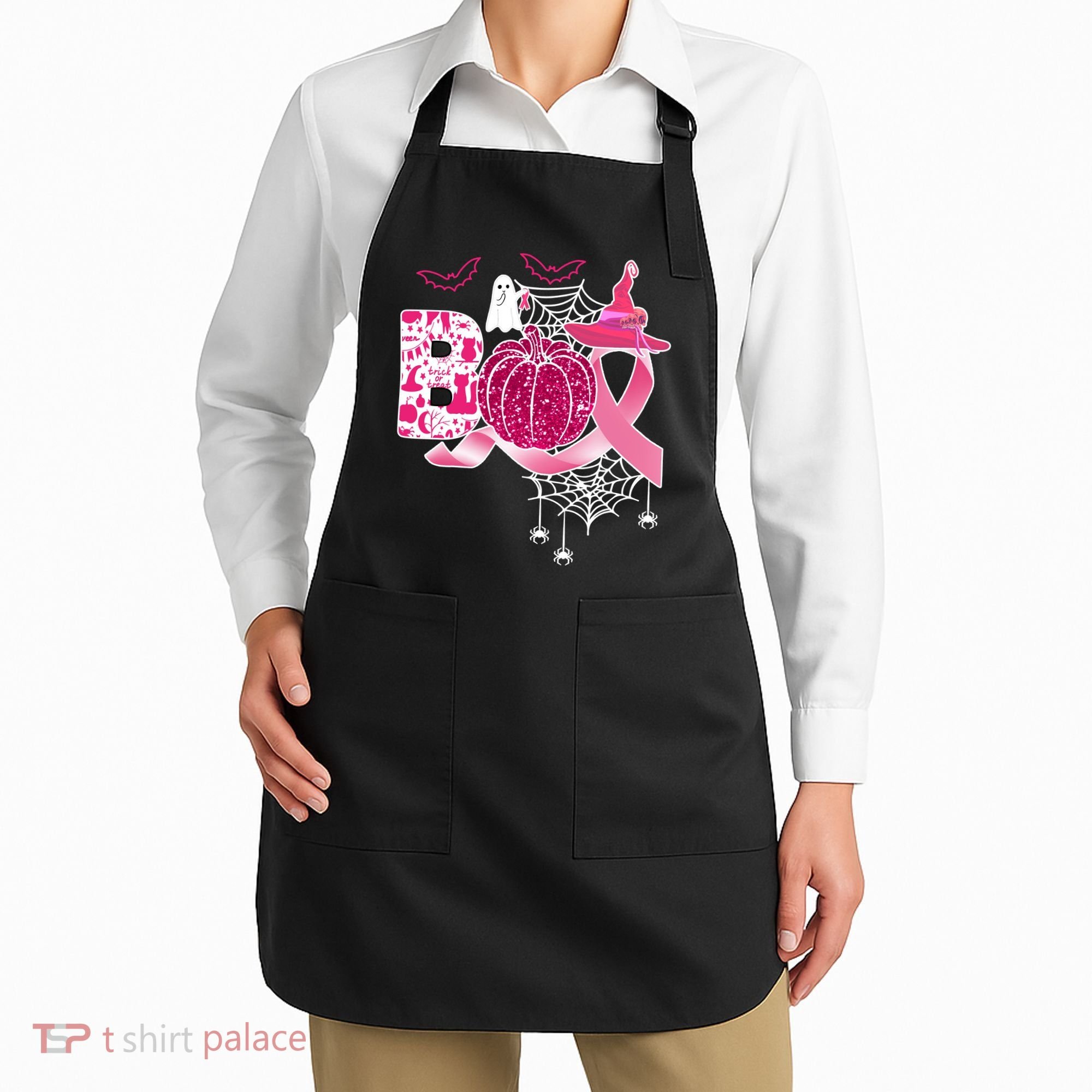 Boo Halloween Pumpkin Pink Ribbon Witch Ghost Breast Cancer Apron