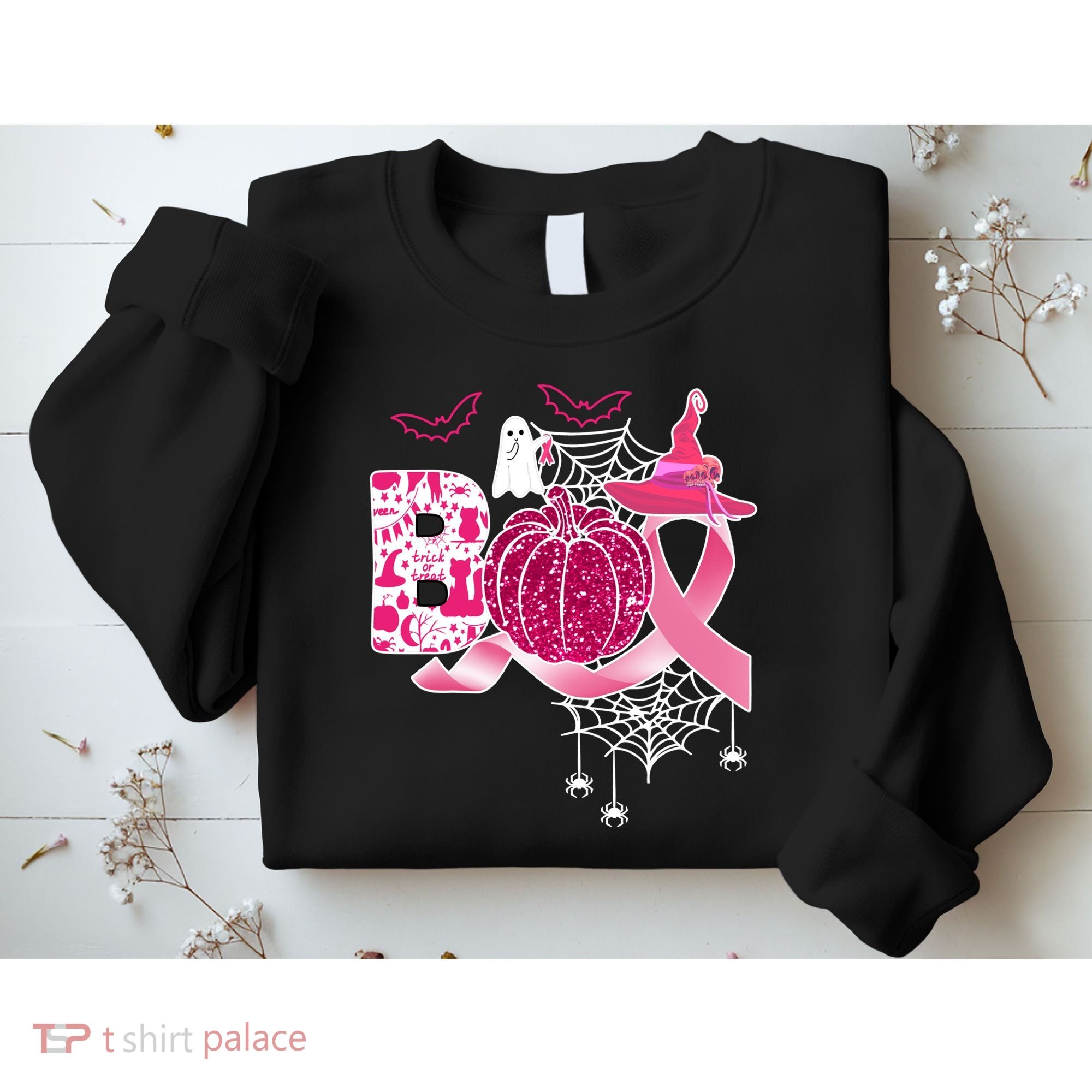 Boo Halloween Pumpkin Pink Ribbon Witch Ghost Breast Cancer Sweatshirt
