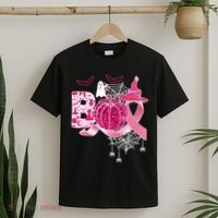 Boo Halloween Pumpkin Pink Ribbon Witch Ghost Breast Cancer T-Shirt thumb 2