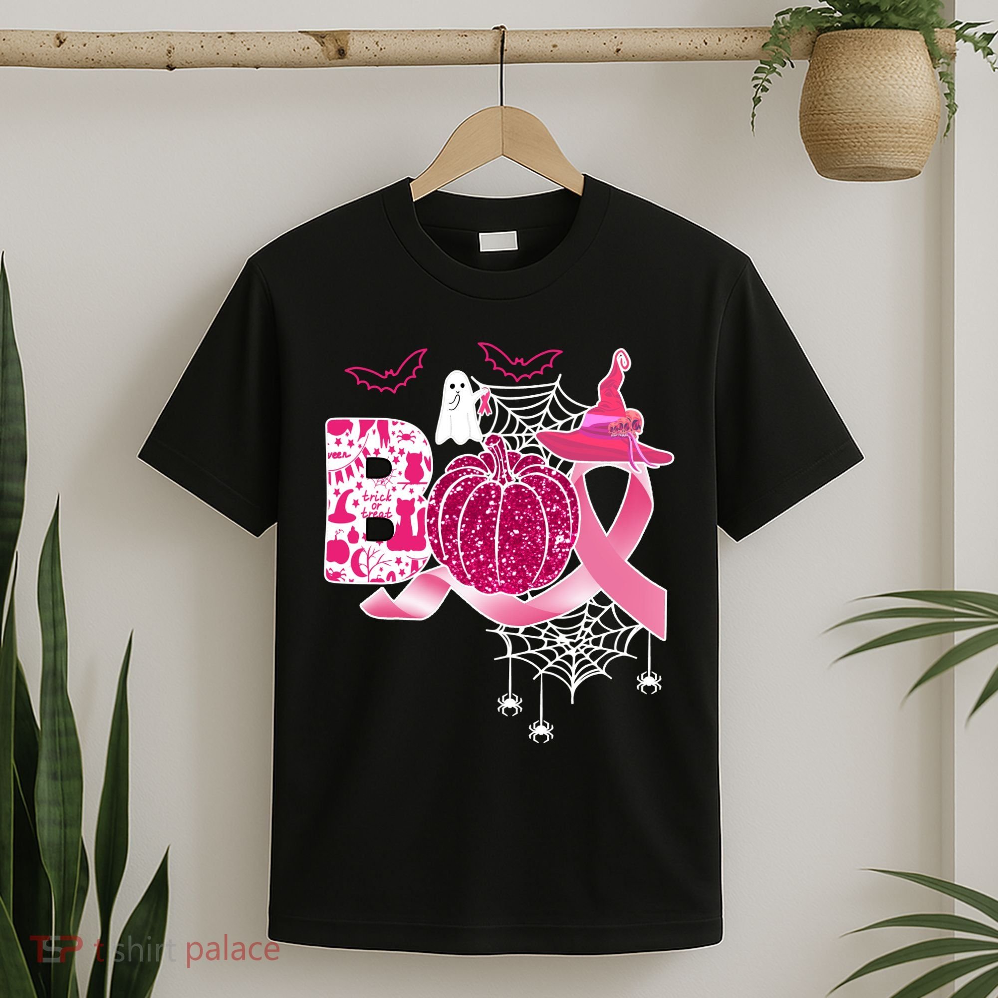 Boo Halloween Pumpkin Pink Ribbon Witch Ghost Breast Cancer T-Shirt