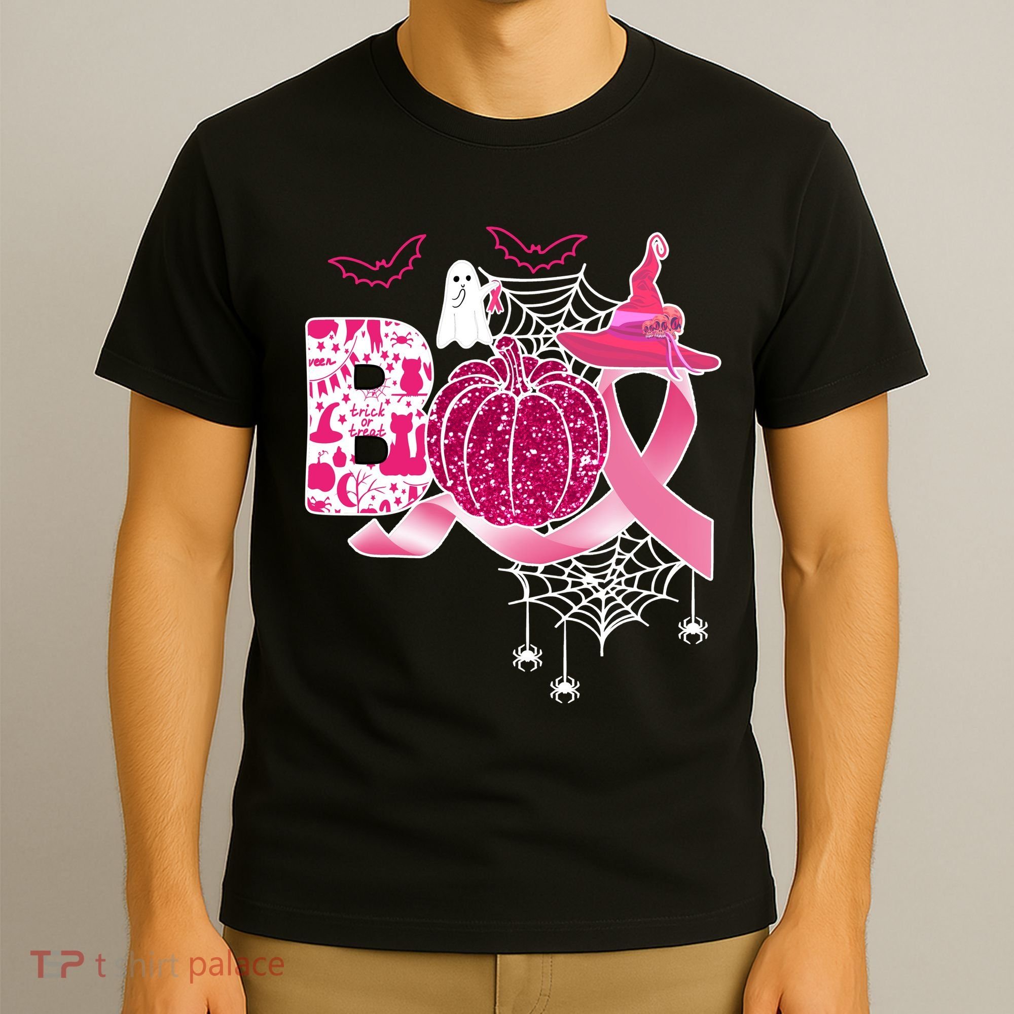 Boo Halloween Pumpkin Pink Ribbon Witch Ghost Breast Cancer T-Shirt
