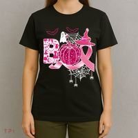 Boo Halloween Pumpkin Pink Ribbon Witch Ghost Breast Cancer T-Shirt thumb 4