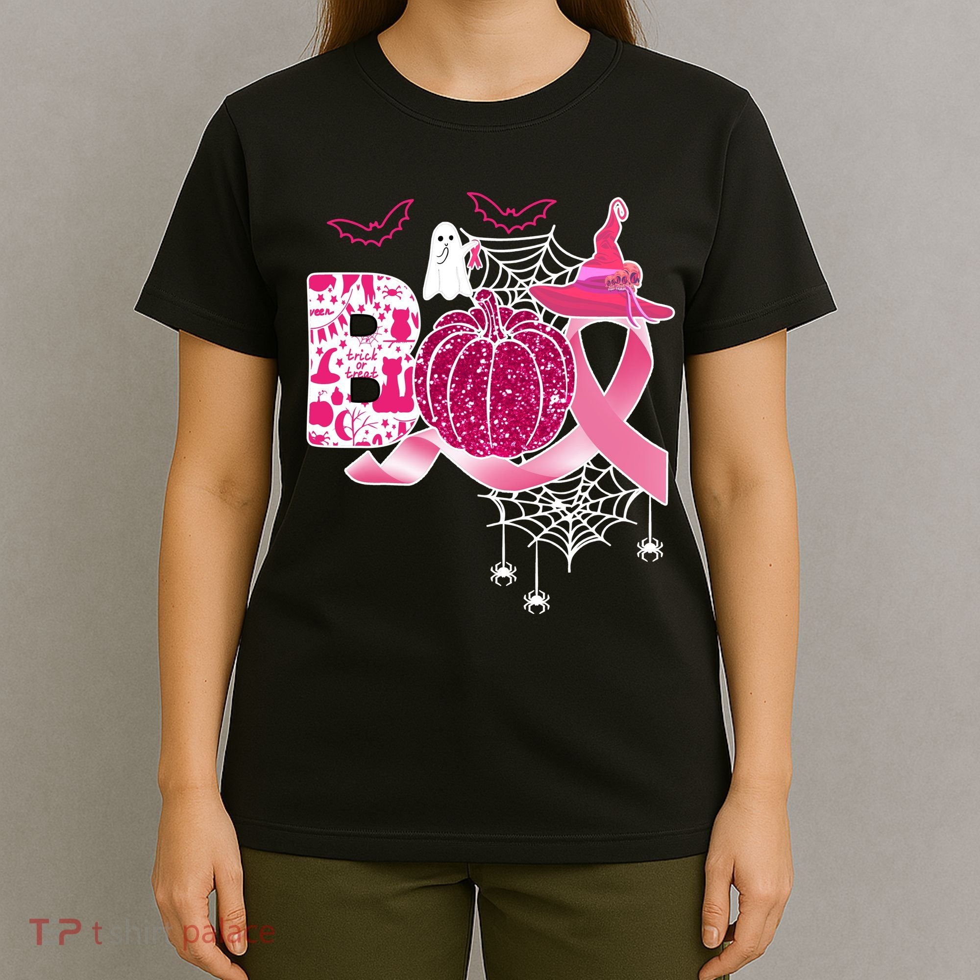 Boo Halloween Pumpkin Pink Ribbon Witch Ghost Breast Cancer T-Shirt