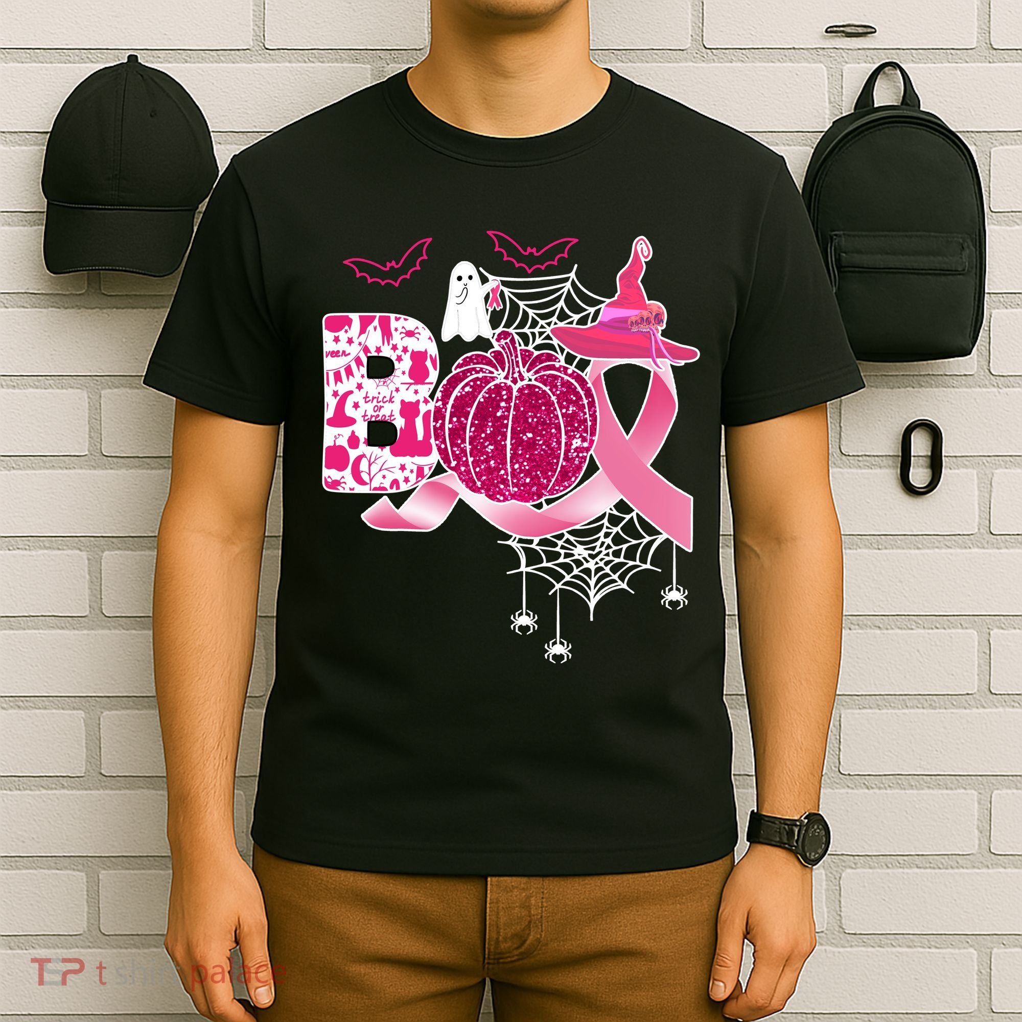 Boo Halloween Pumpkin Pink Ribbon Witch Ghost Breast Cancer T-Shirt