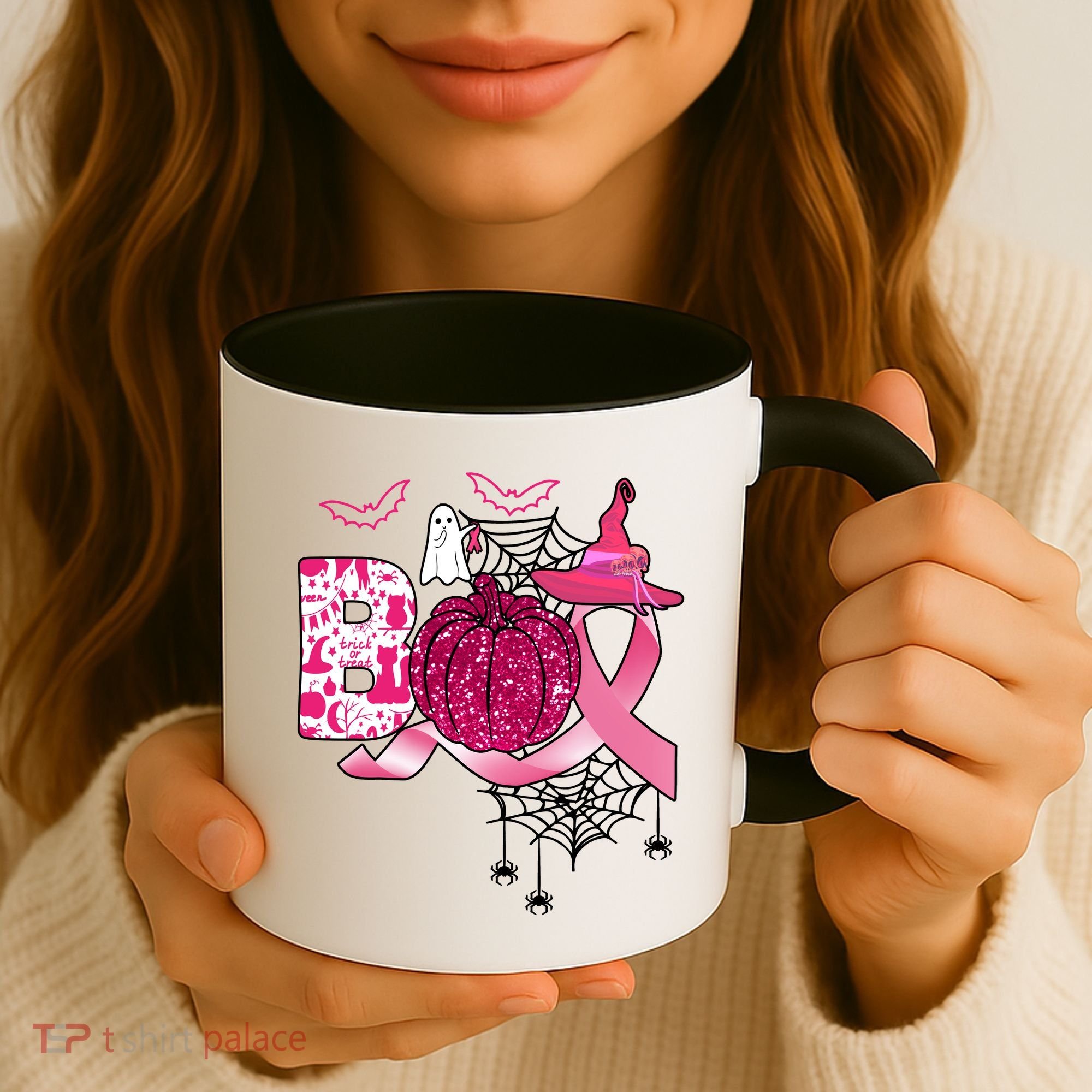 Boo Halloween Pumpkin Pink Ribbon Witch Ghost Breast Cancer Coffee Mug